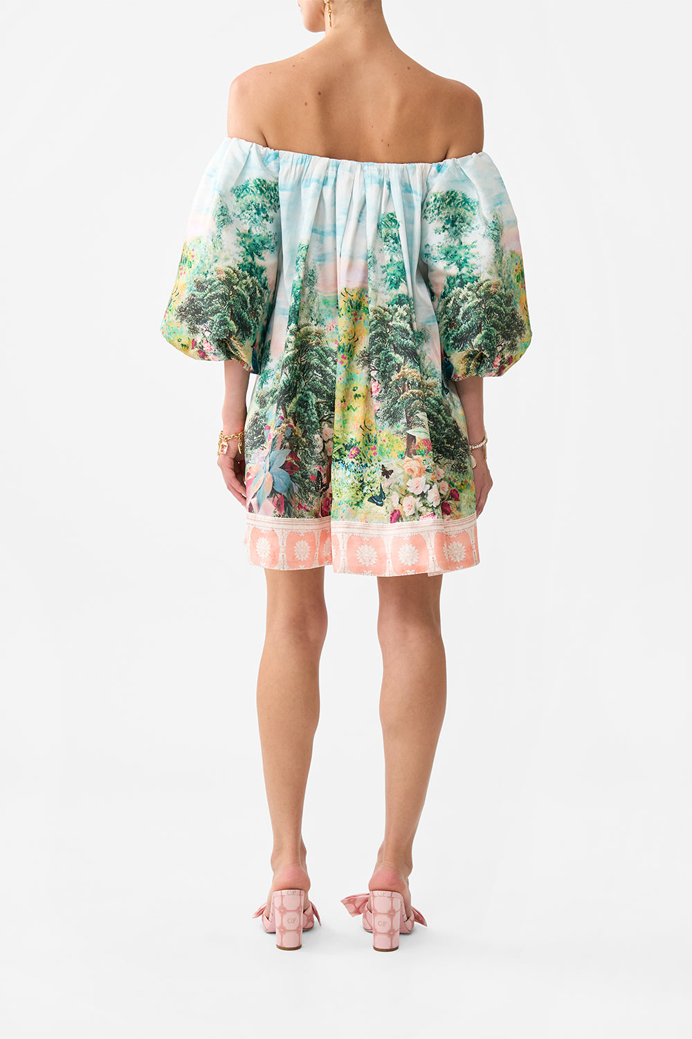 The CAMILLA OFF SHOULDER PUFF DRESS ARCHES OF AMOR in our  print.