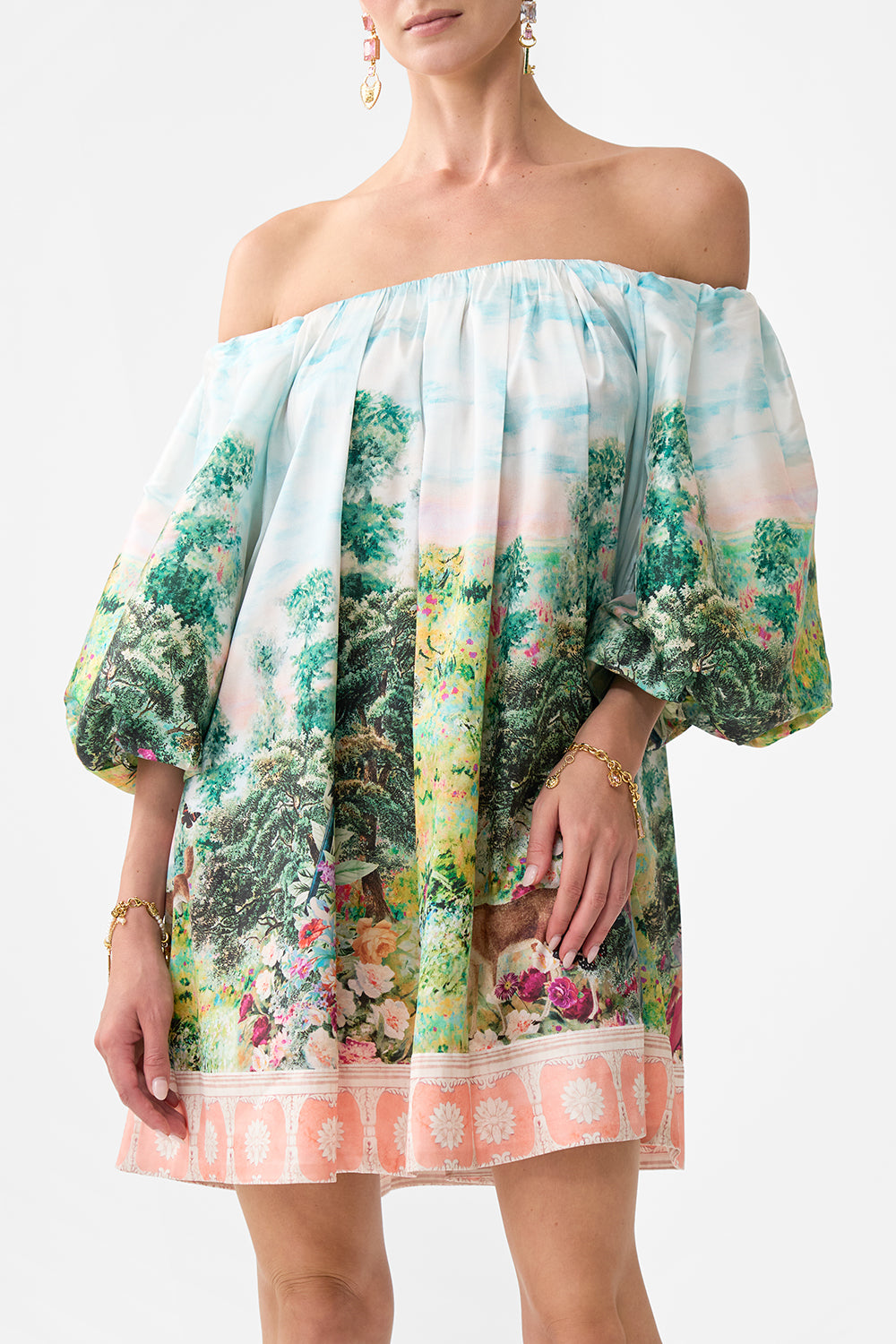 The CAMILLA OFF SHOULDER PUFF DRESS ARCHES OF AMOR in our  print.