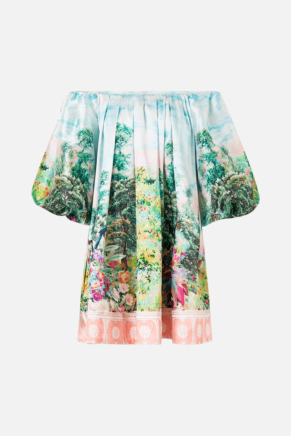 The CAMILLA OFF SHOULDER PUFF DRESS ARCHES OF AMOR in our  print.