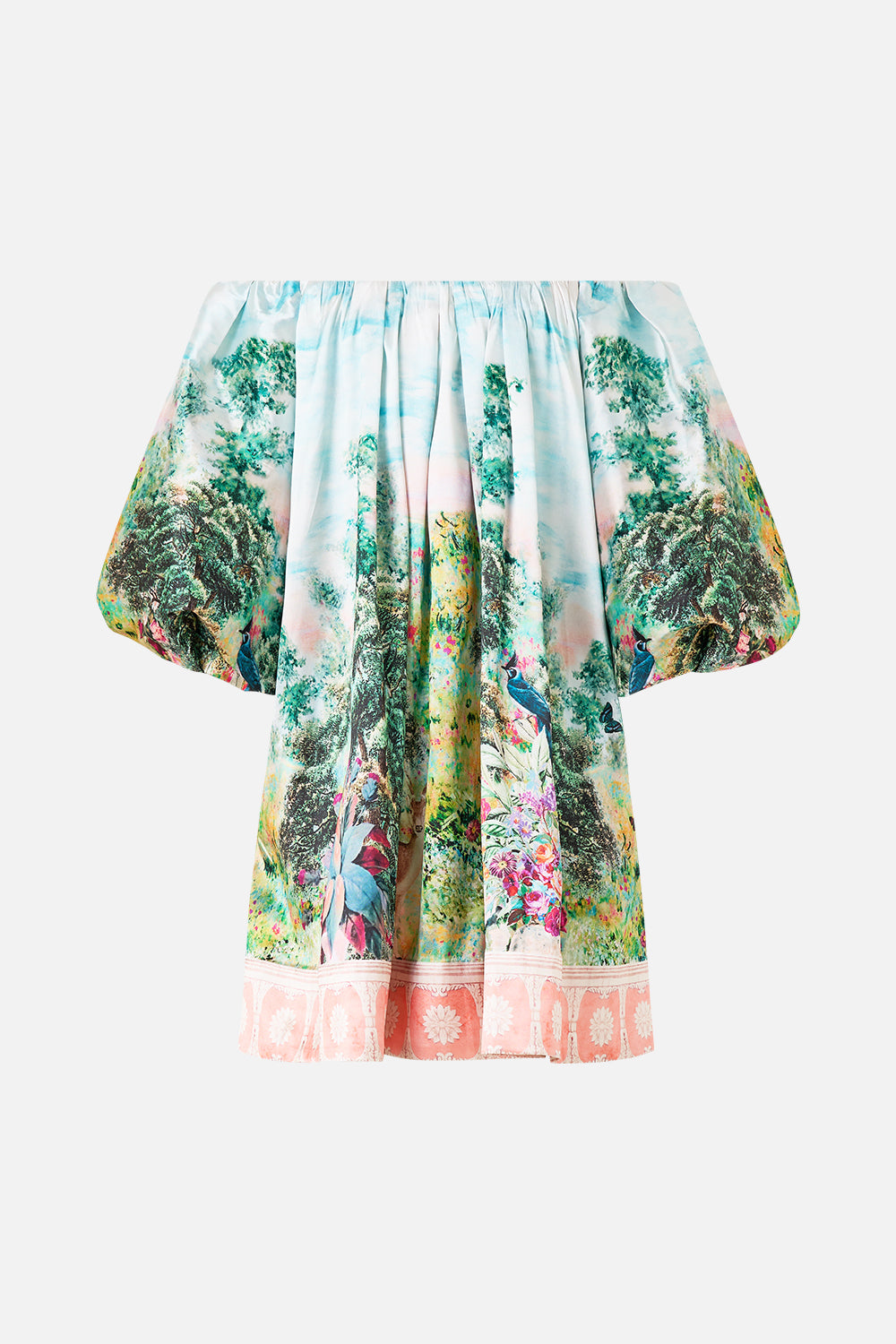 The CAMILLA OFF SHOULDER PUFF DRESS ARCHES OF AMOR in our  print.