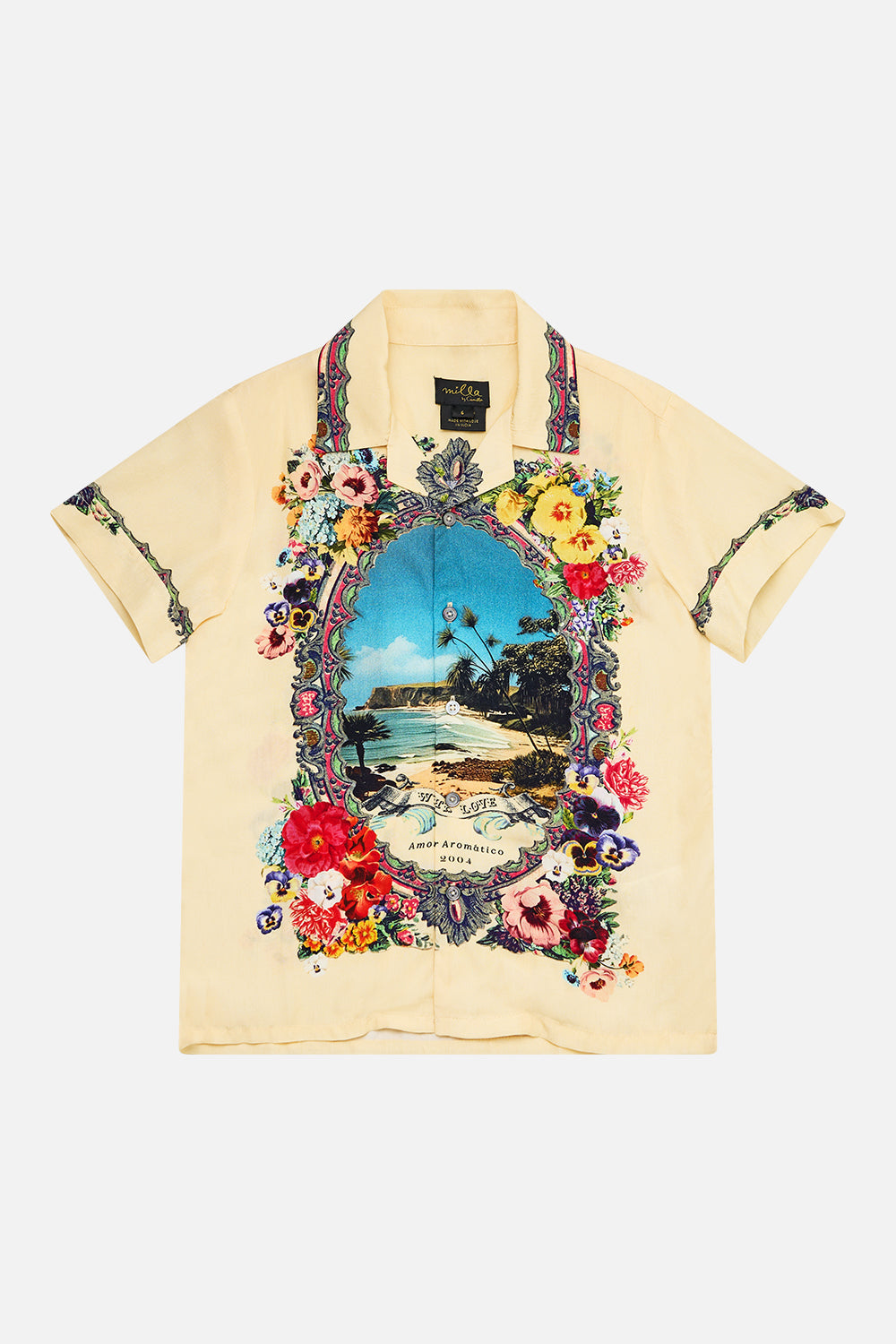 The CAMILLA Boys Short Sleeve Camp Collared Shirt 4-10 in our Bathing Bombshell print.