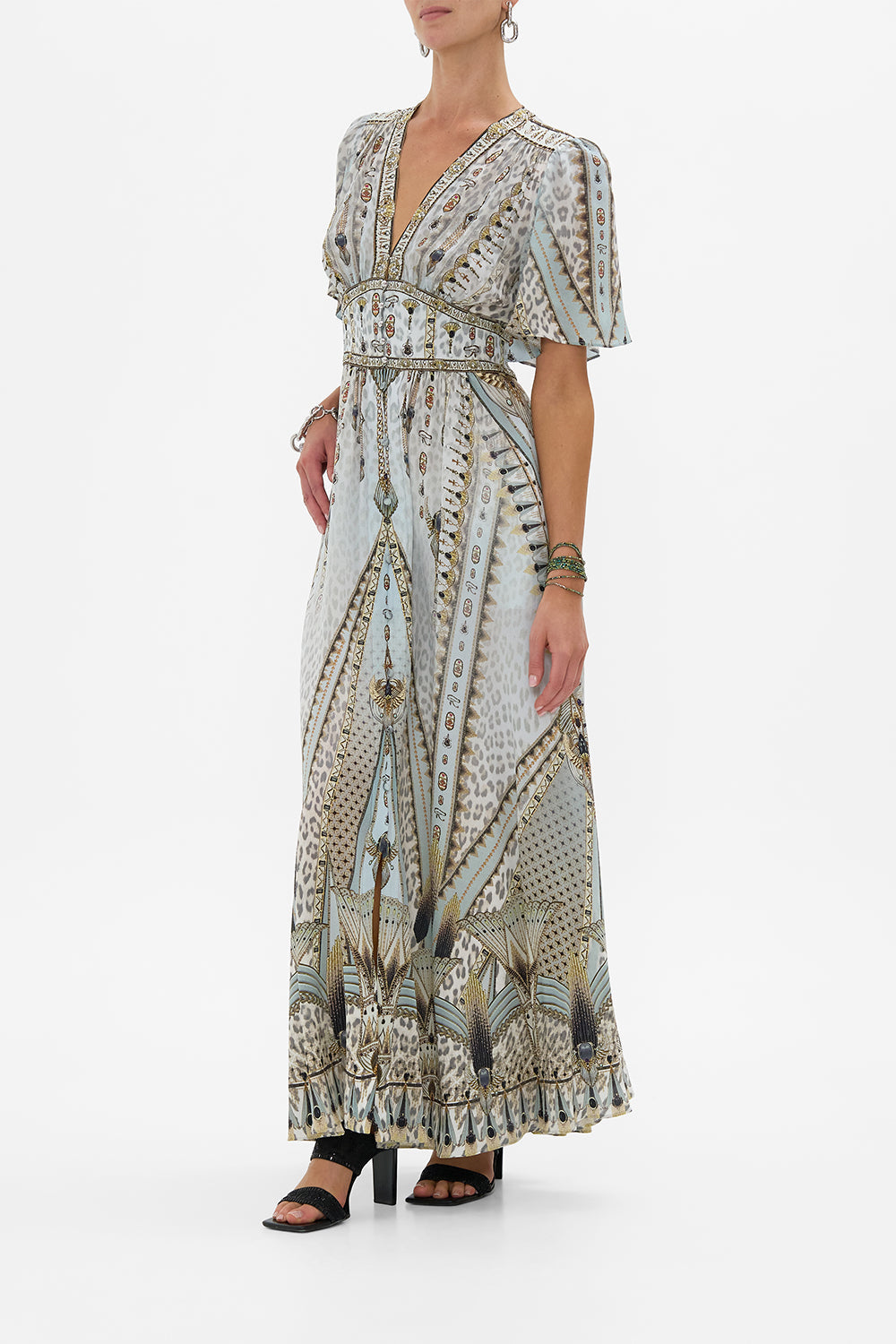 SHAPED WAISTBAND DRESS WITH FLUTTER SLEEVES SAHARA STARLET