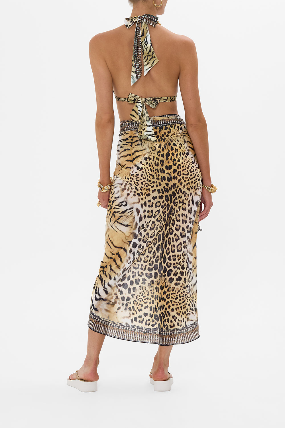 The CAMILLA LONG EYELET SARONG JAGUAR in our  print.