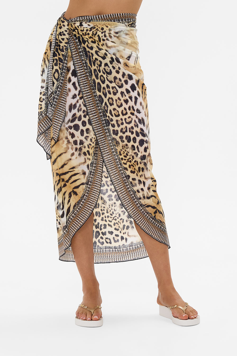 The CAMILLA LONG EYELET SARONG JAGUAR in our  print.