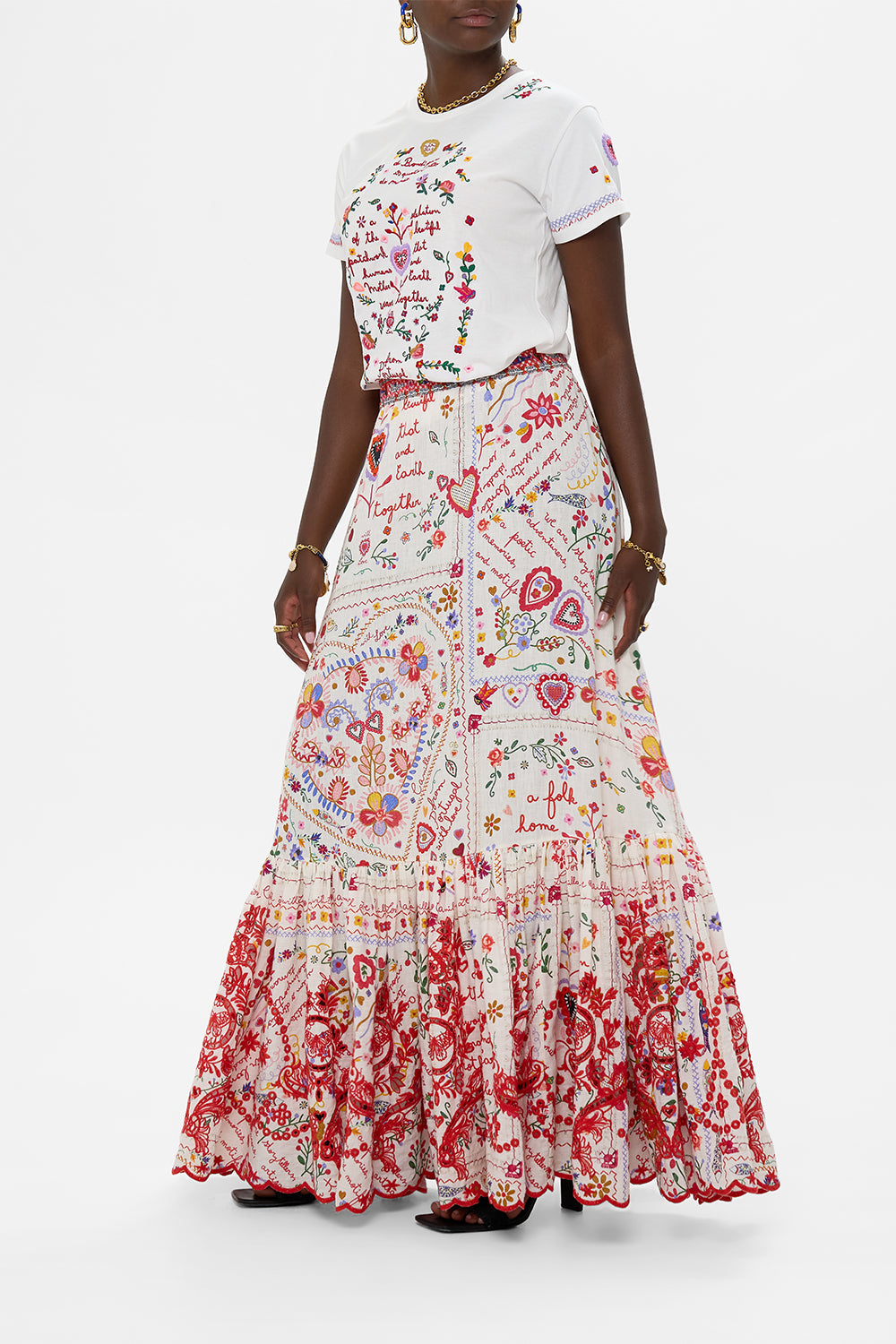 The CAMILLA MAXI SKIRT WITH RUFFLE HEM A KITSCH IN TIME in our  print.