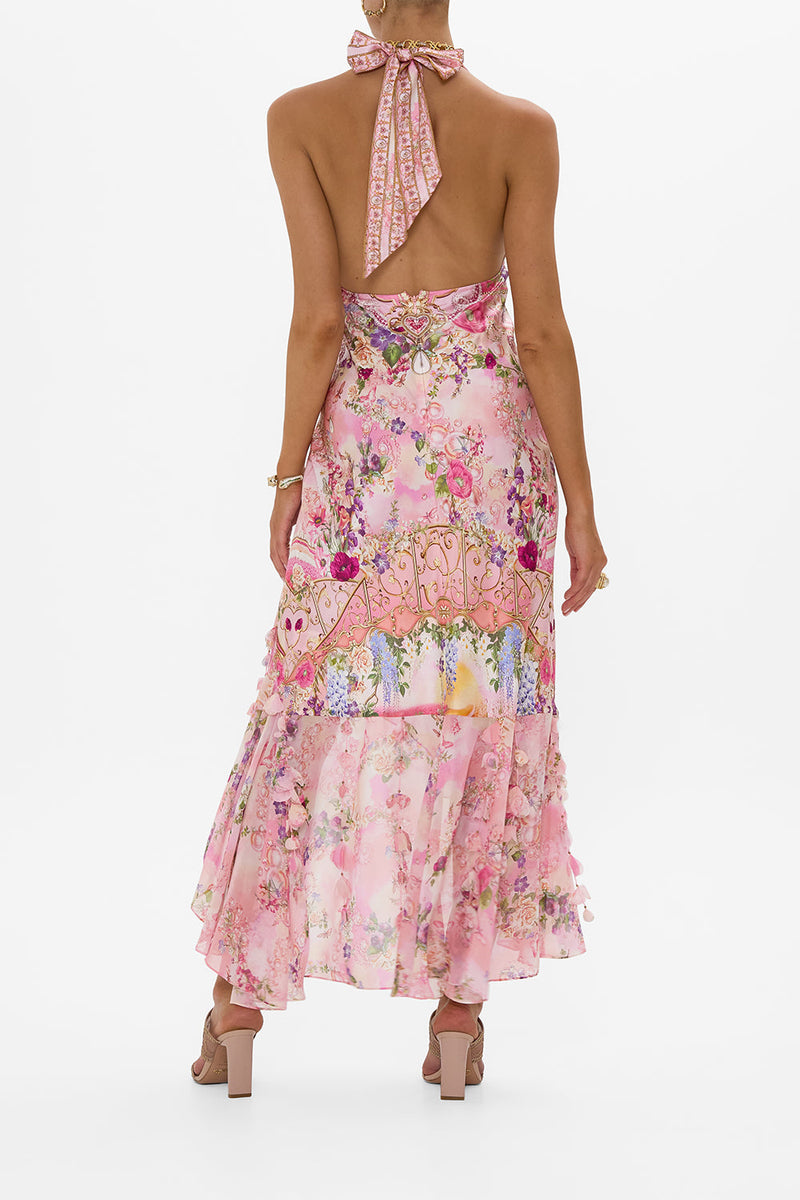 Camilladress Halter Neck Open Back Asymmetric Hem Printed Satin Midi Dress