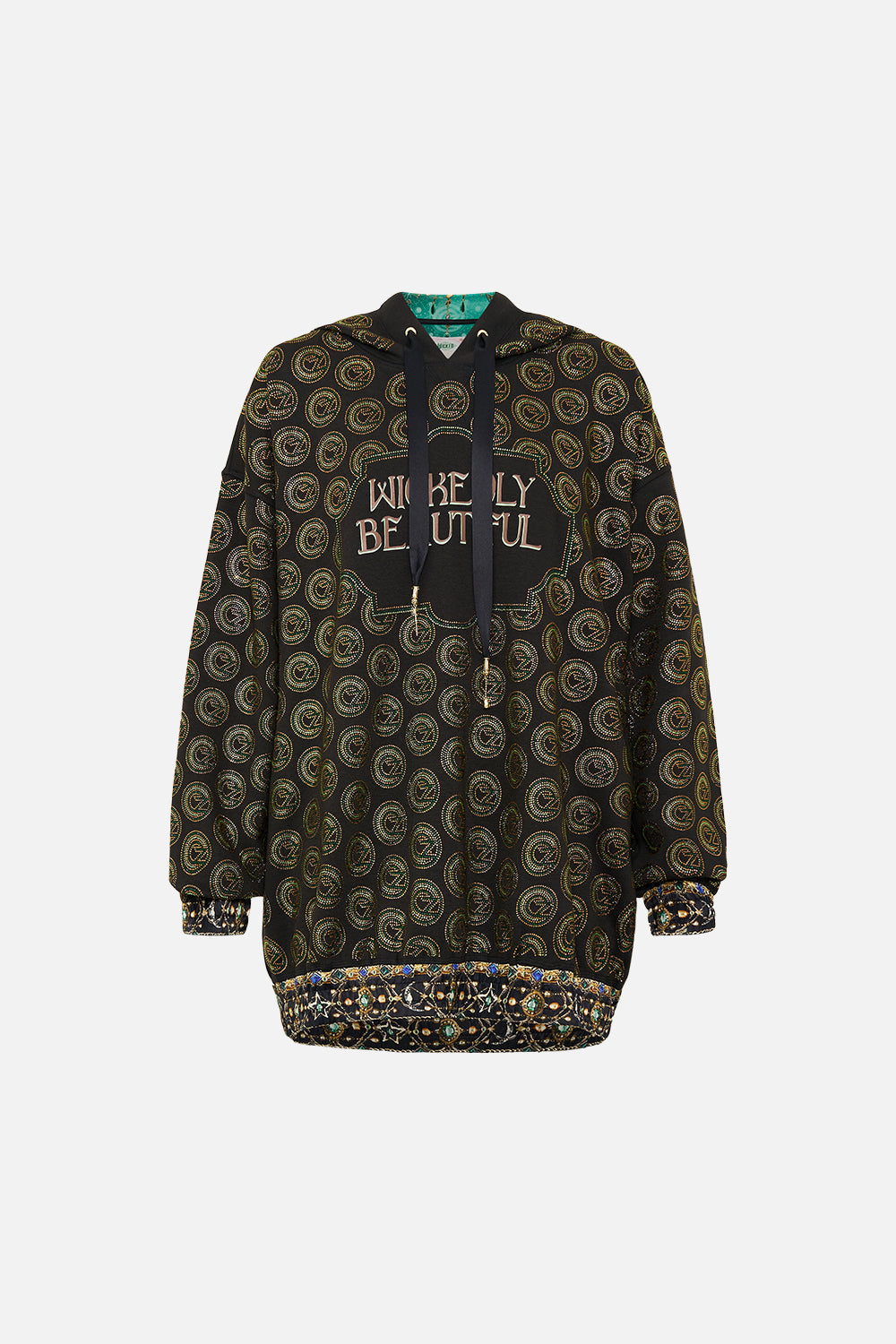 The CAMILLA SILK BAND OVERSIZED HOODIE WITH POCKETS DEFY GRAVITY in our  print.
