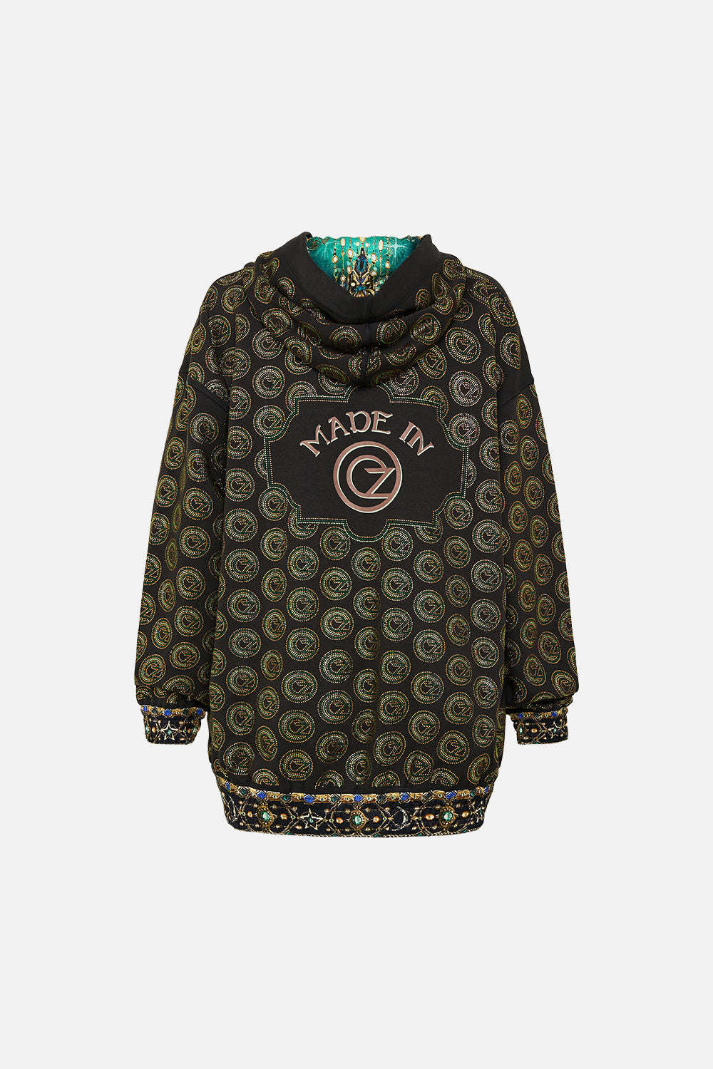 The CAMILLA SILK BAND OVERSIZED HOODIE WITH POCKETS DEFY GRAVITY in our  print.