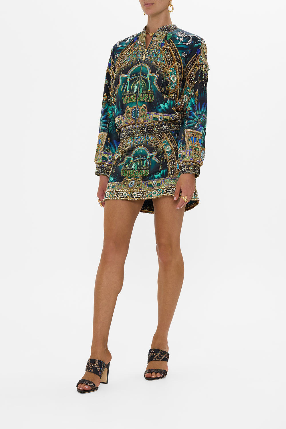 The CAMILLA BOMBER JACKET DEFY GRAVITY in our  print.