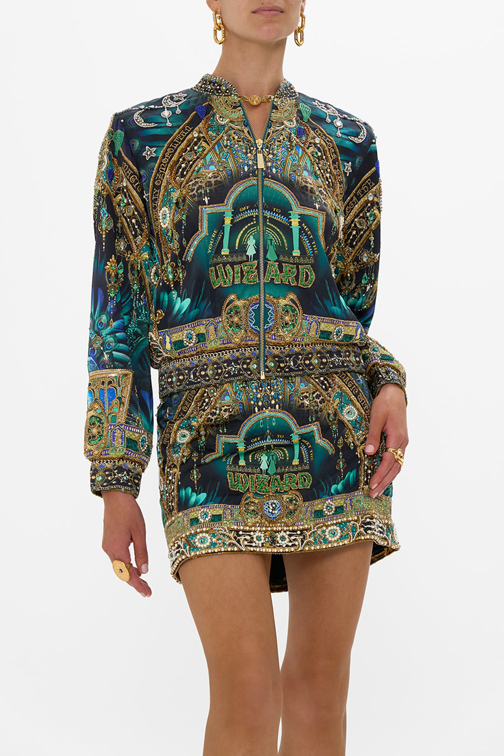 The CAMILLA BOMBER JACKET DEFY GRAVITY in our  print.