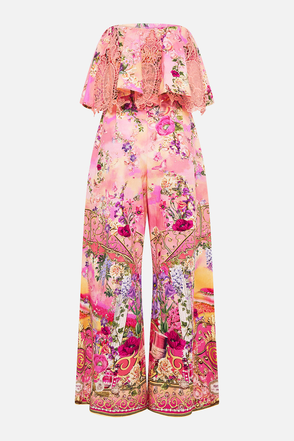 The CAMILLA STRAPLESS JUMPSUIT WITH FRILL TOTALLY OZMOPOLITAN in our  print.