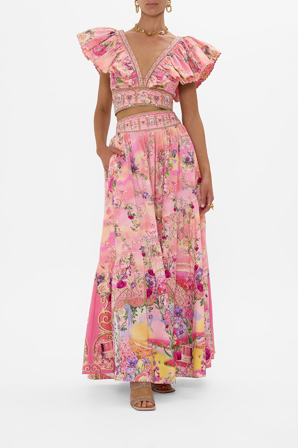 The CAMILLA RUFFLE WRAP TOP TOTALLY OZMOPOLITAN in our TOTALLY OZMOPOLITAN print.