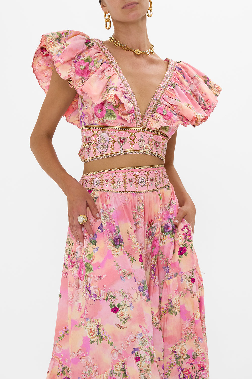 The CAMILLA RUFFLE WRAP TOP TOTALLY OZMOPOLITAN in our  print.