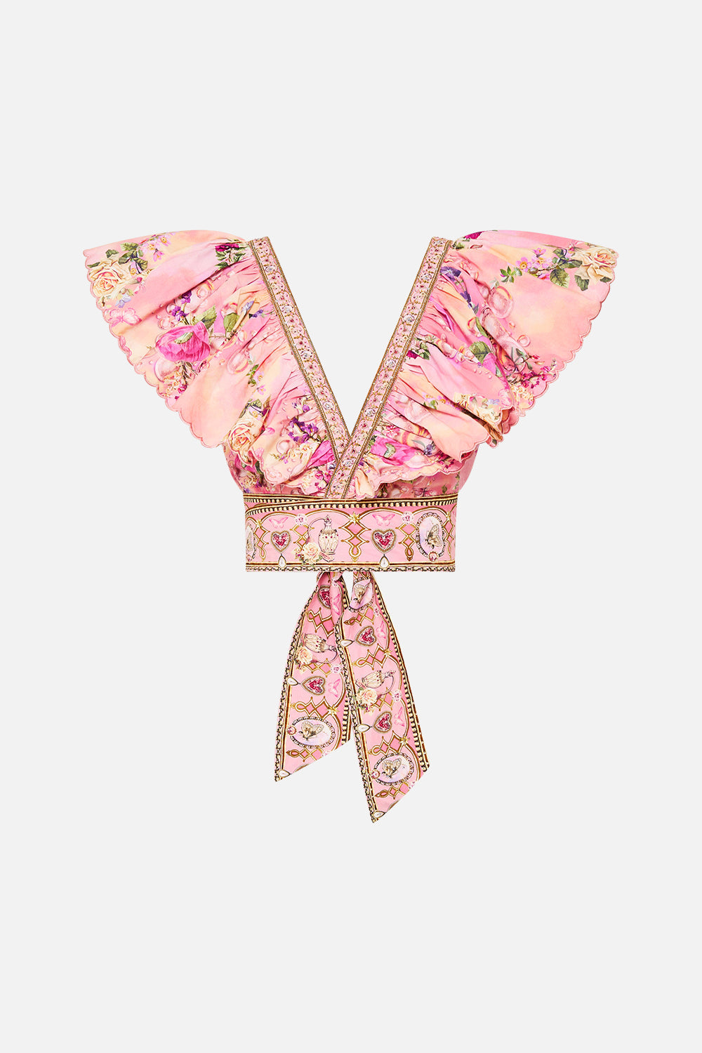 The CAMILLA RUFFLE WRAP TOP TOTALLY OZMOPOLITAN in our  print.