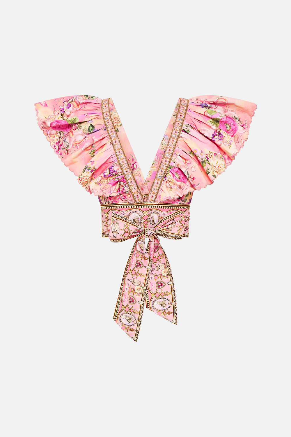 The CAMILLA RUFFLE WRAP TOP TOTALLY OZMOPOLITAN in our  print.
