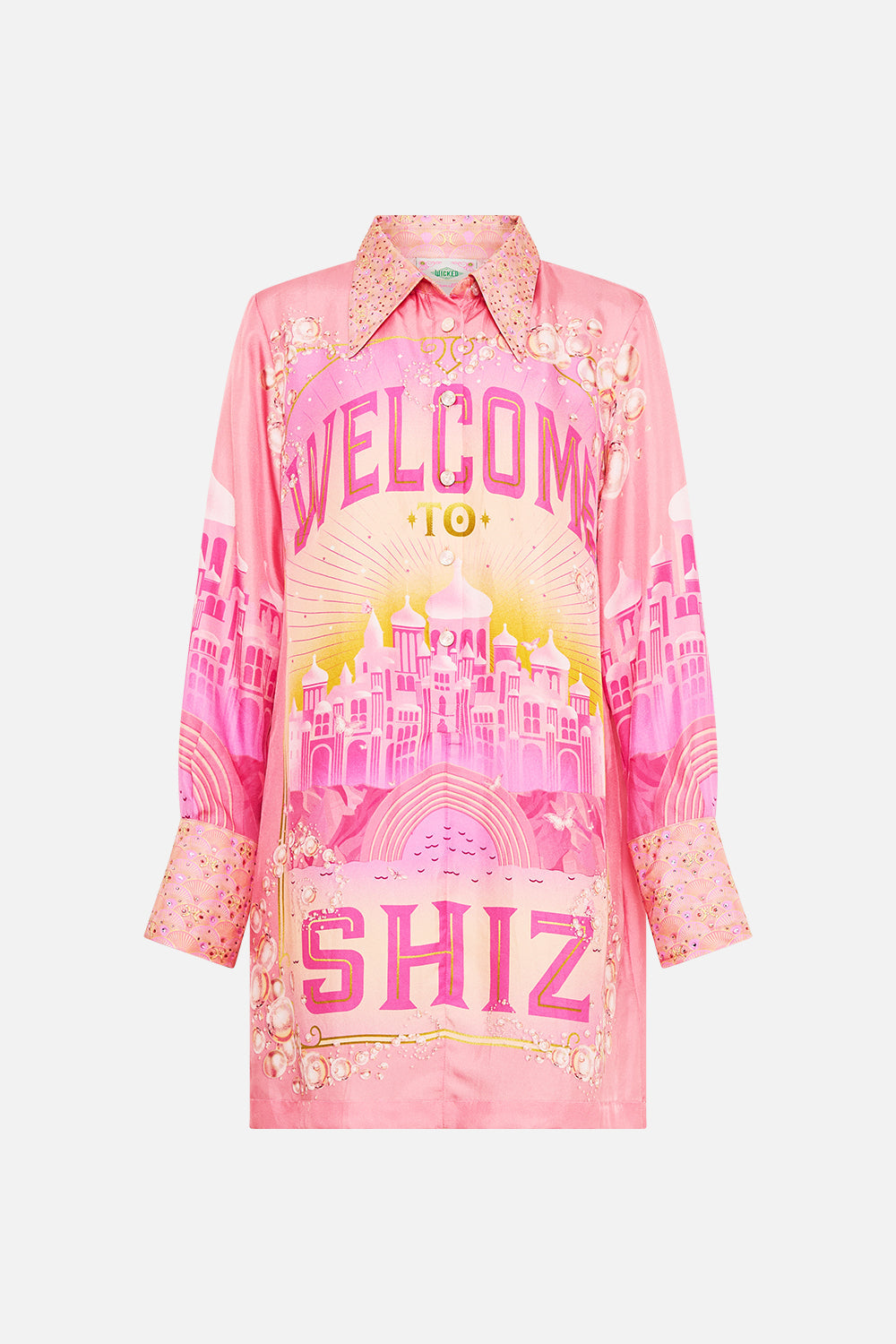 The CAMILLA MINI SHIRT DRESS TOTALLY OZMOPOLITAN in our  print.