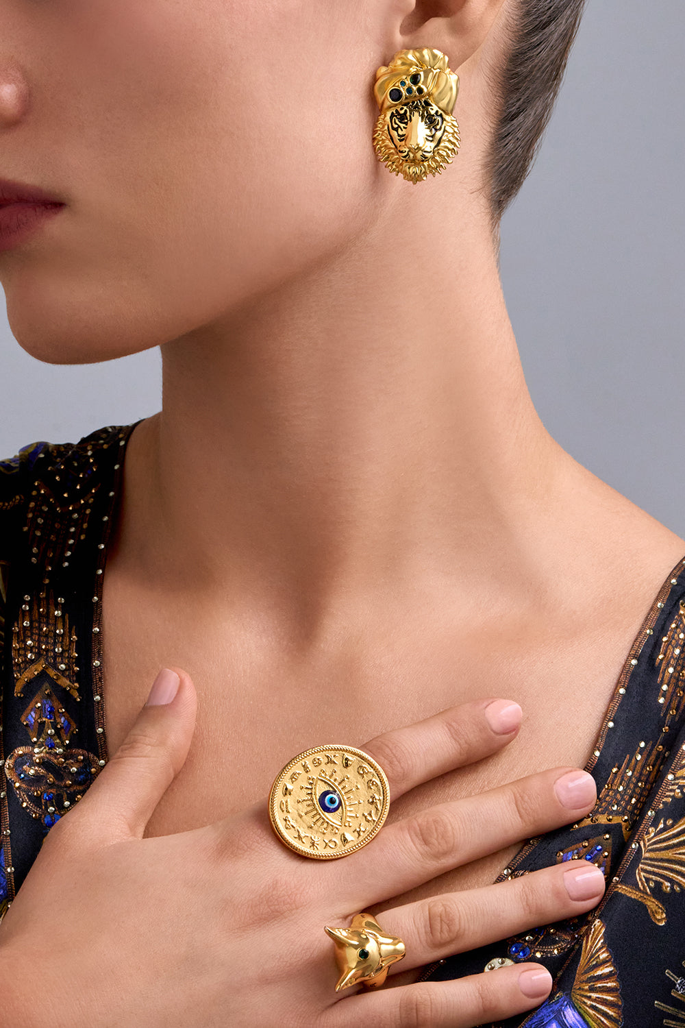 CAMILLA Gold Jaggi Earrings in Sacred Symbols print. 