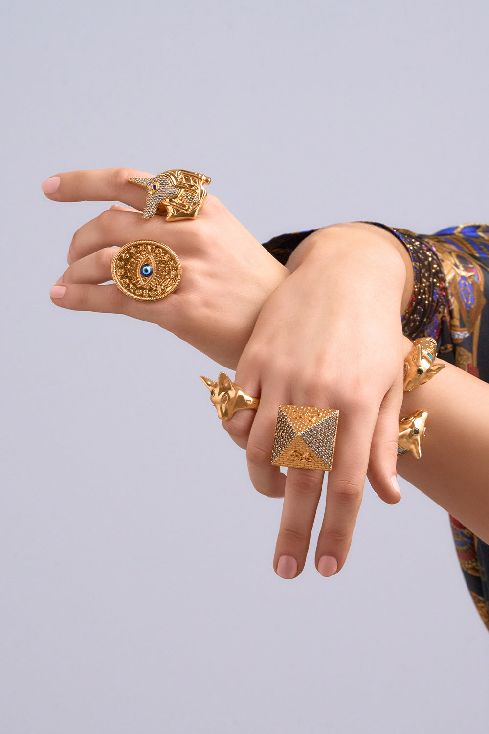 CAMILLA Gold Bastet Ring in Global Nomad print. 