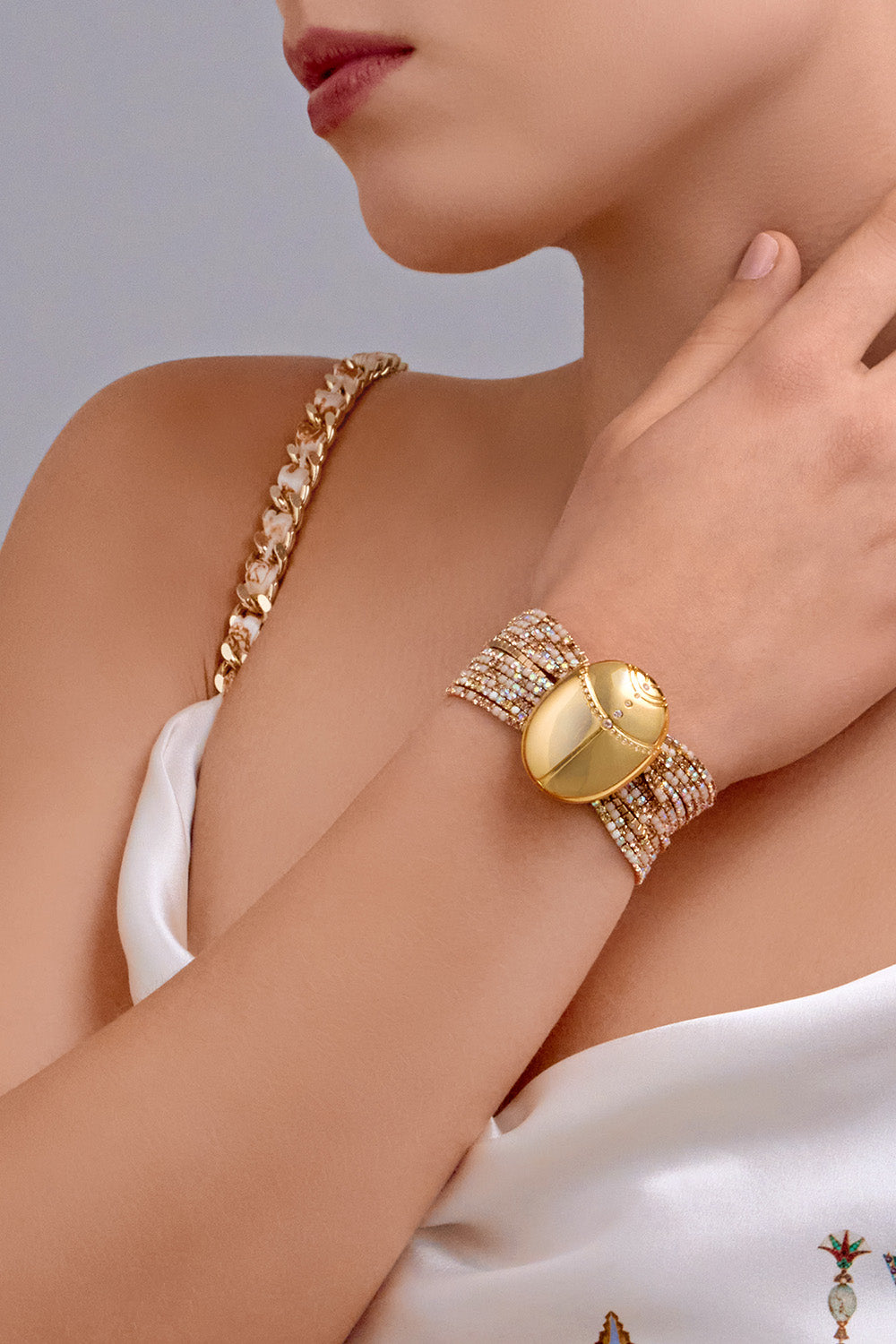 CAMILLA Gold Stretch bracelet in Sacred Symbols print. 