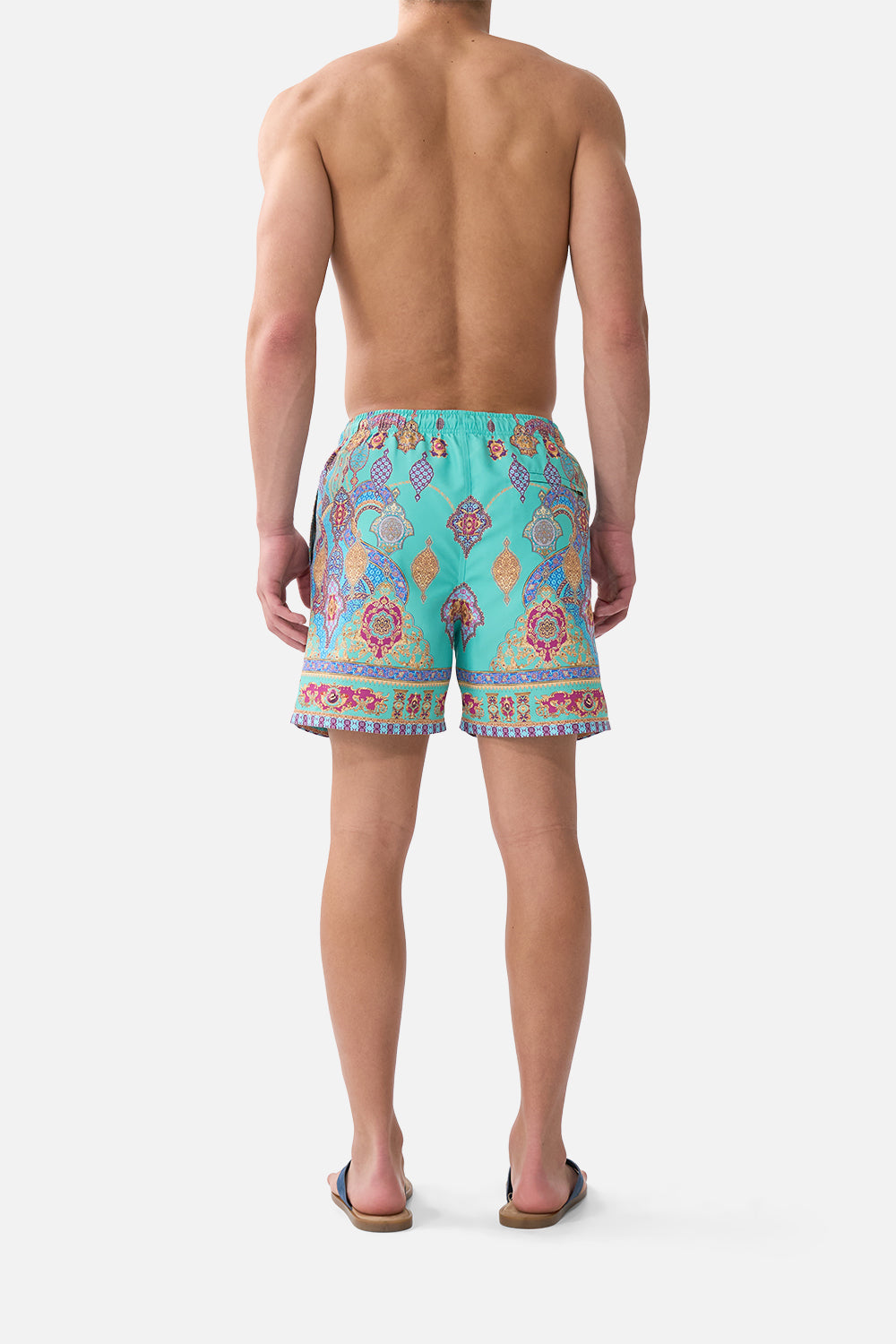 The CAMILLA MID LENGTH BOARDSHORT WITH ELASTIC WAIST THE CONCUBINES CORRIDOR in our  print.