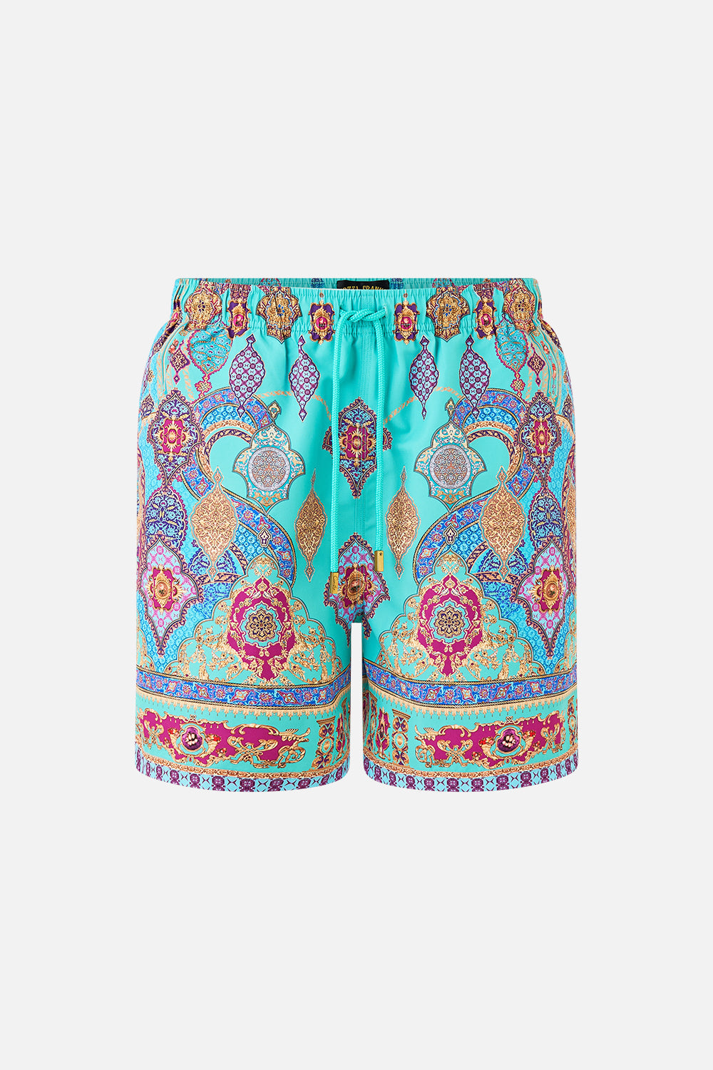 The CAMILLA MID LENGTH BOARDSHORT WITH ELASTIC WAIST THE CONCUBINES CORRIDOR in our  print.