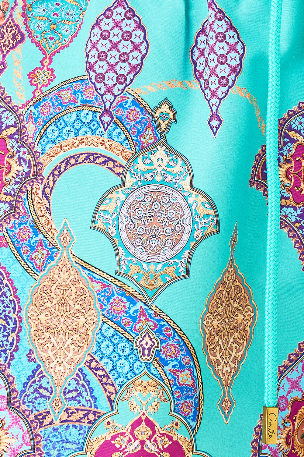 The CAMILLA MID LENGTH BOARDSHORT WITH ELASTIC WAIST THE CONCUBINES CORRIDOR in our  print.