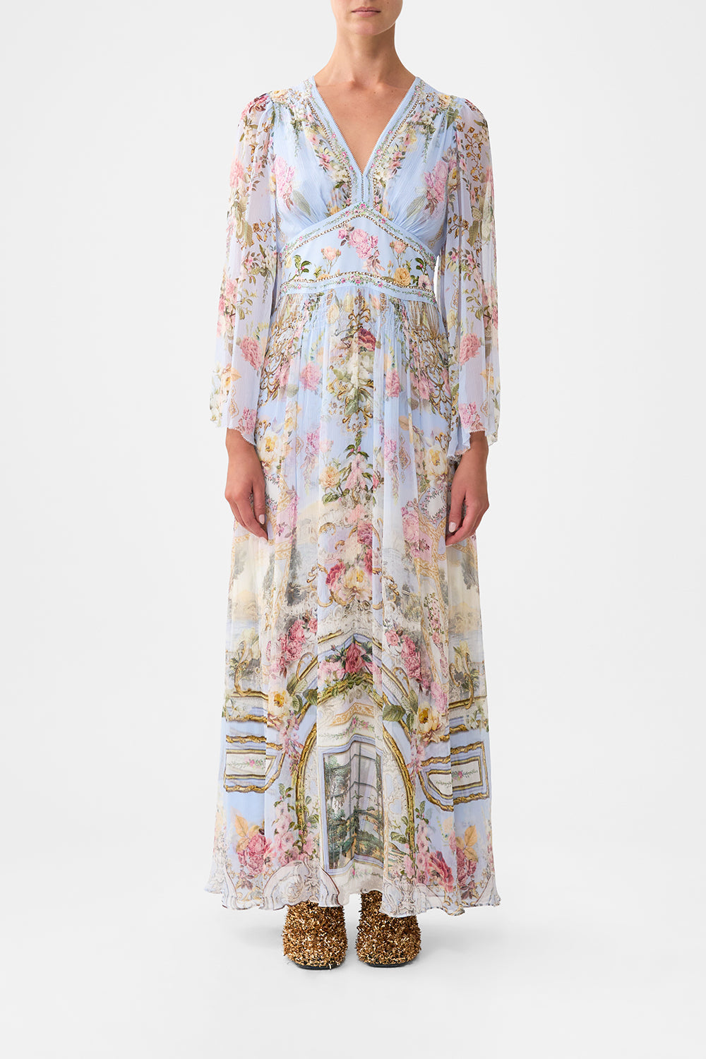 The CAMILLA FLARED SLEEVE DRESS TILED IN TIME in our TILED IN TIME print.