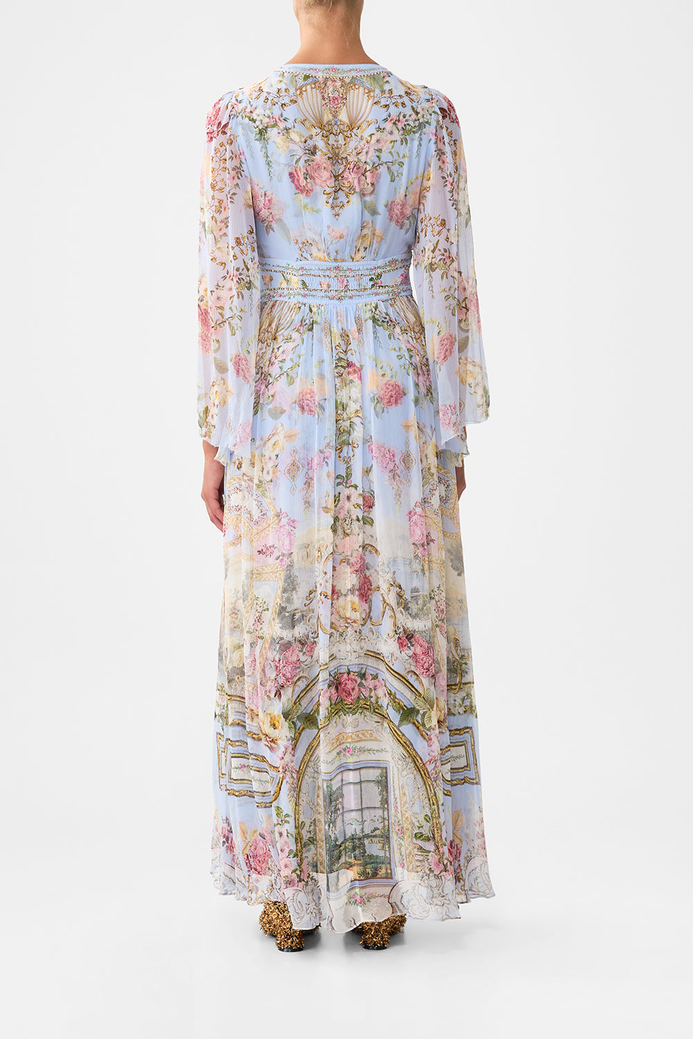 The CAMILLA FLARED SLEEVE DRESS TILED IN TIME in our  print.