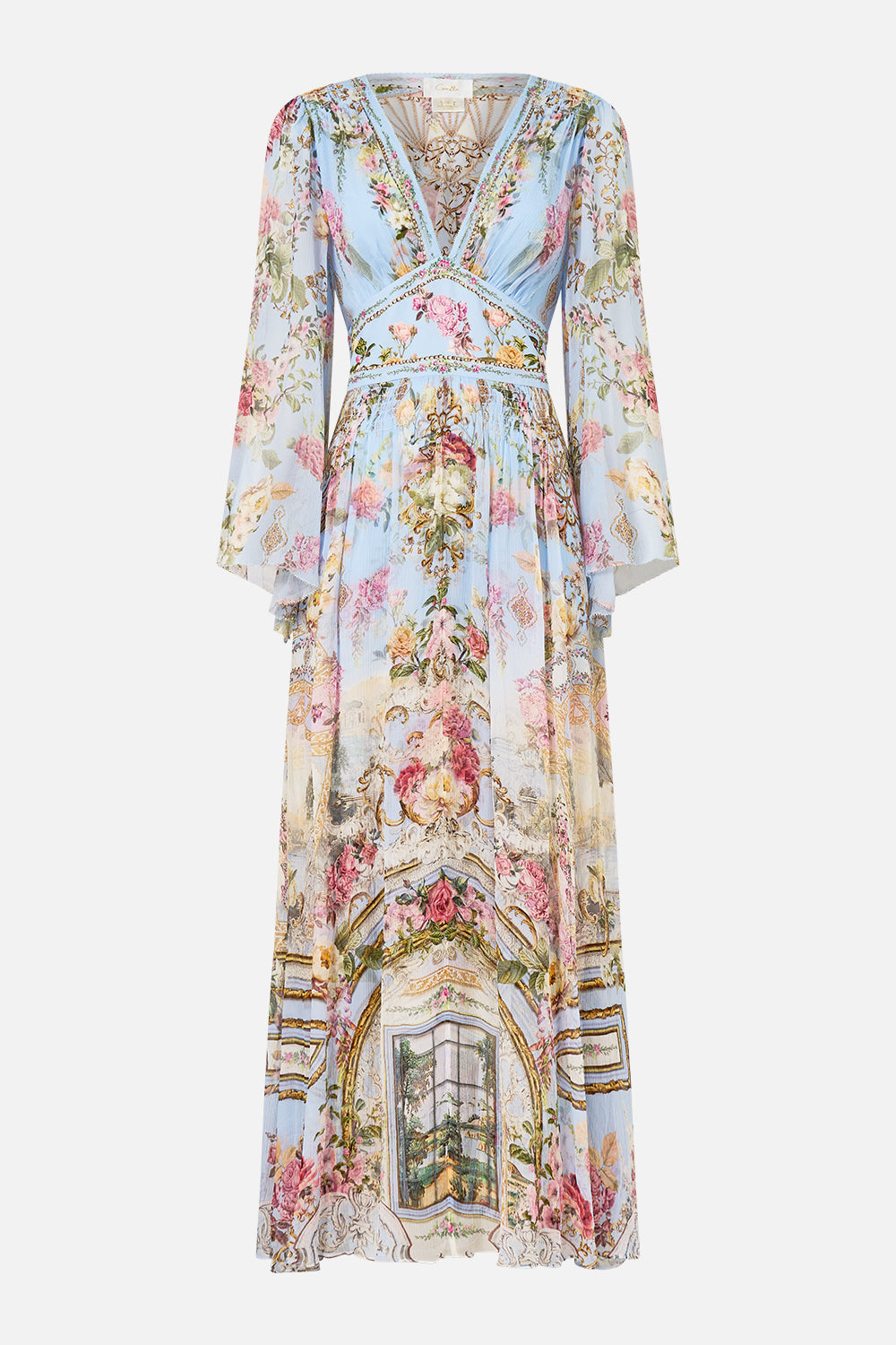 The CAMILLA FLARED SLEEVE DRESS TILED IN TIME in our  print.