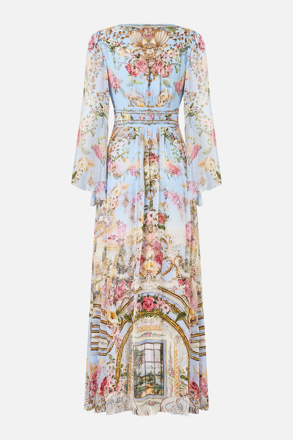 The CAMILLA FLARED SLEEVE DRESS TILED IN TIME in our  print.