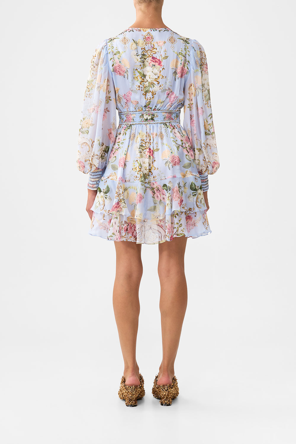 The CAMILLA BUTTON FRONT FRILL DRESS TILED IN TIME in our  print.