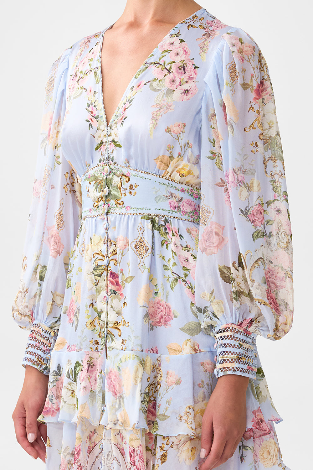 The CAMILLA BUTTON FRONT FRILL DRESS TILED IN TIME in our  print.