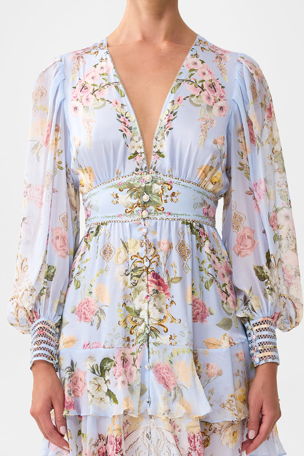 The CAMILLA BUTTON FRONT FRILL DRESS TILED IN TIME in our  print.