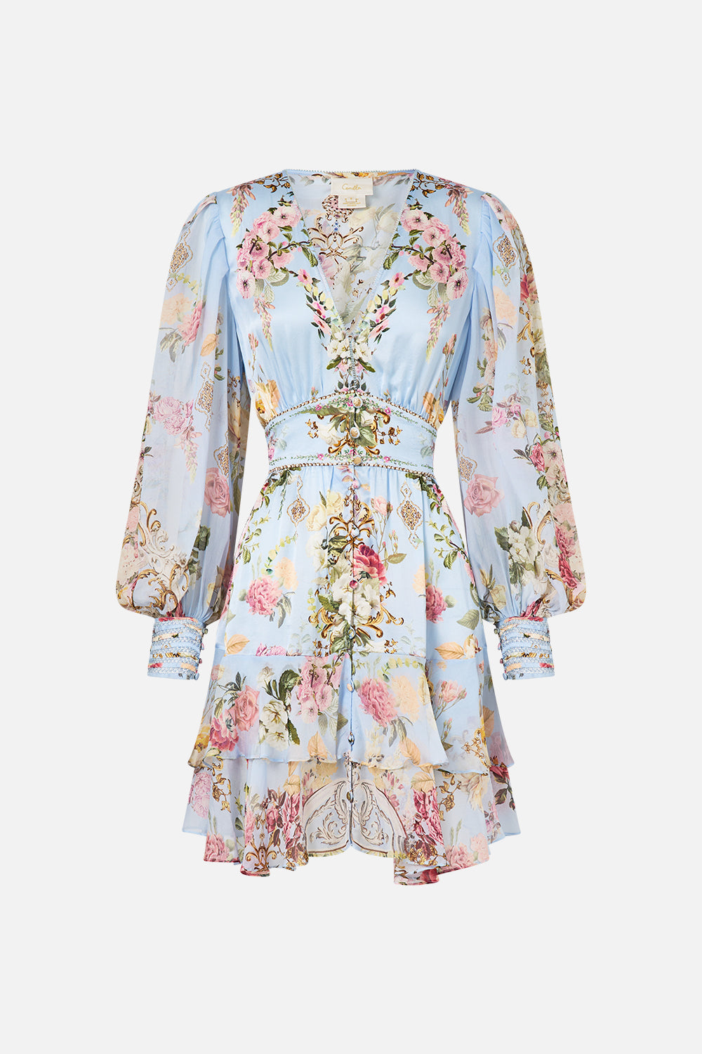The CAMILLA BUTTON FRONT FRILL DRESS TILED IN TIME in our  print.