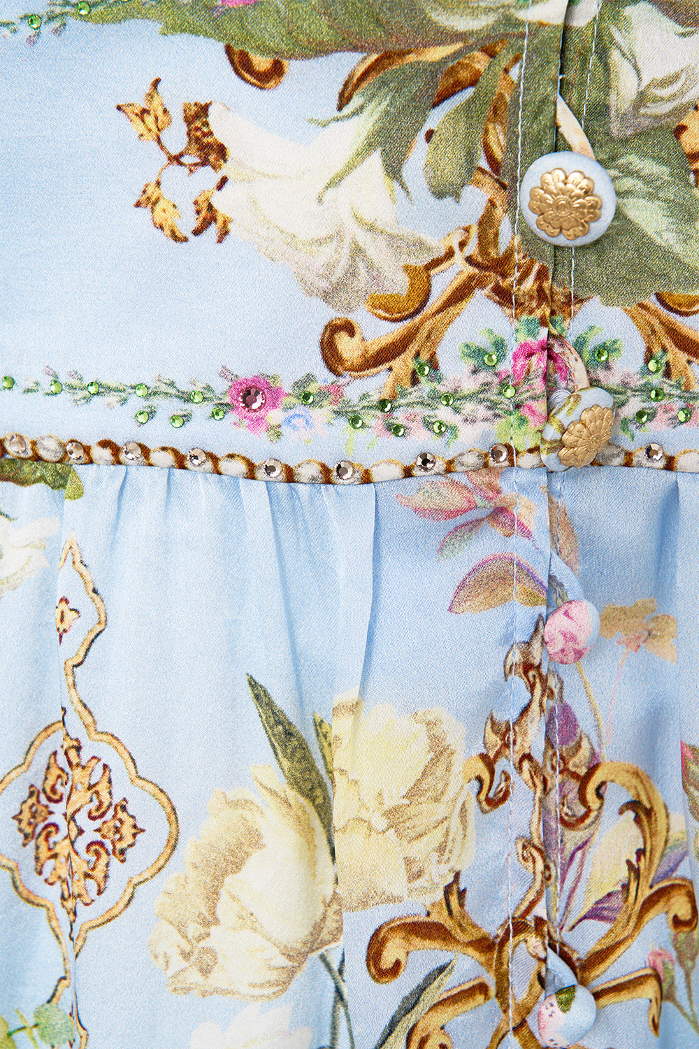 The CAMILLA BUTTON FRONT FRILL DRESS TILED IN TIME in our  print.