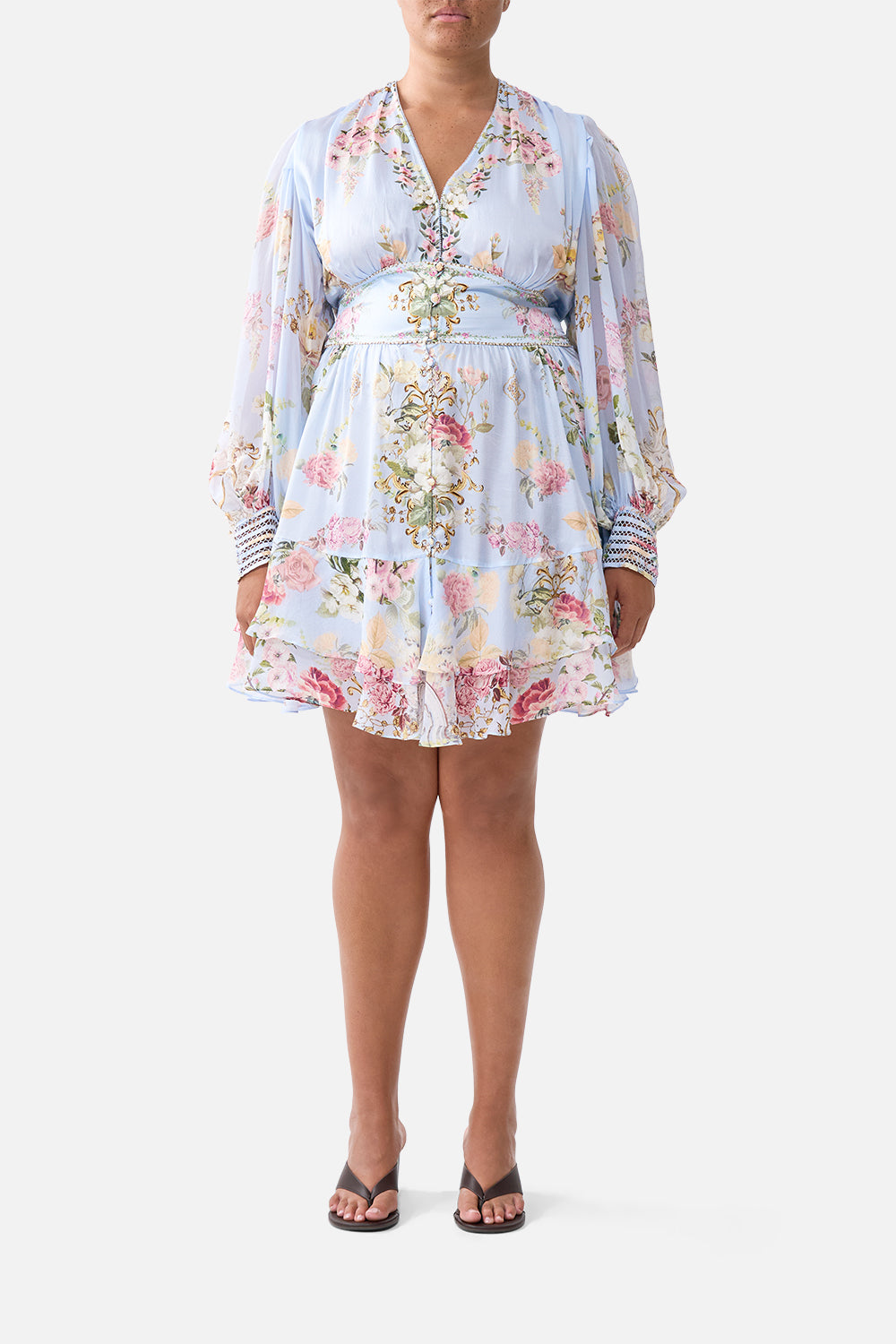 The CAMILLA BUTTON FRONT FRILL DRESS TILED IN TIME in our  print.