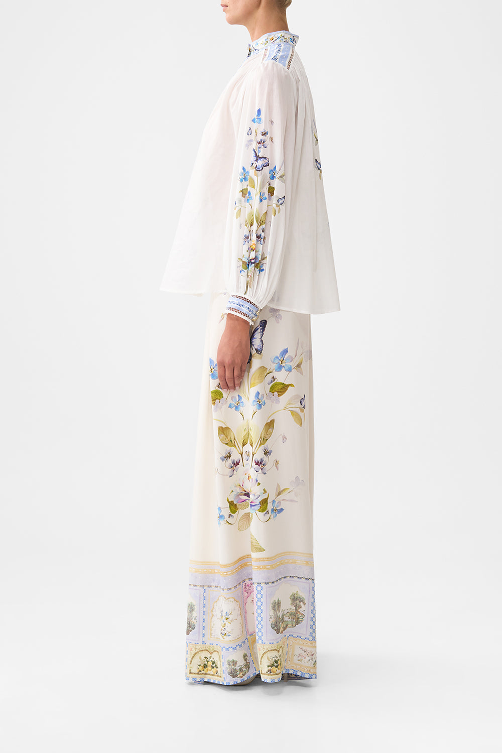The CAMILLA HIGH NECK BUTTON THROUGH BLOUSE BOTANICAL BALLADS in our  print.