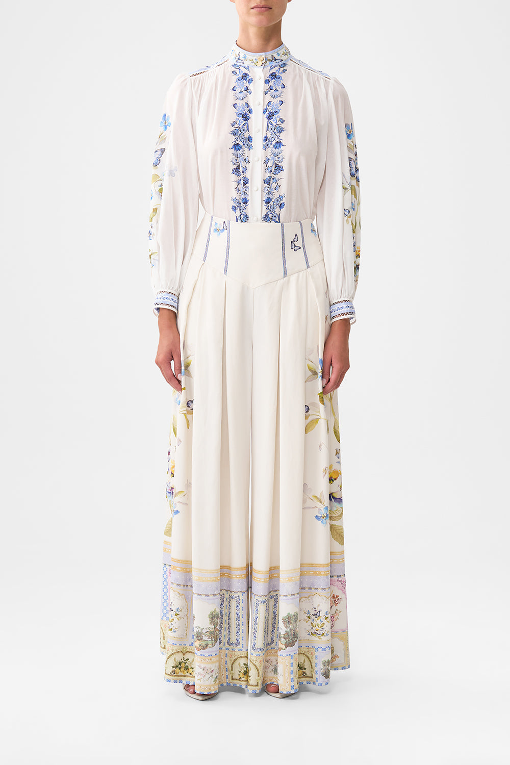 The CAMILLA HIGH NECK BUTTON THROUGH BLOUSE BOTANICAL BALLADS in our  print.