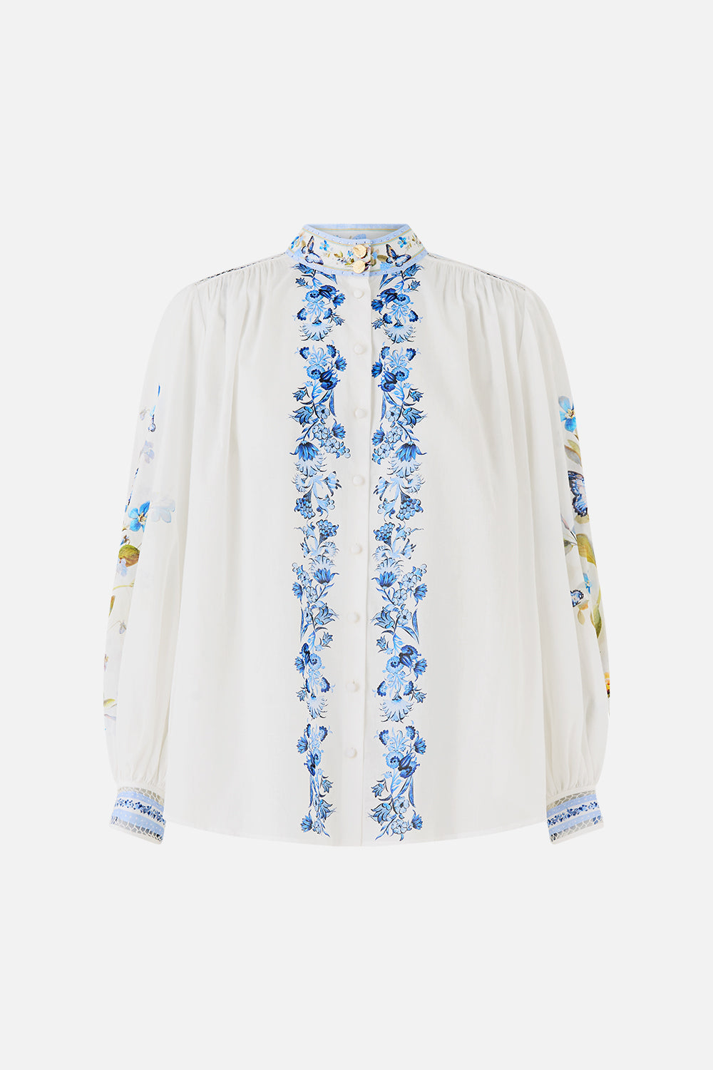The CAMILLA HIGH NECK BUTTON THROUGH BLOUSE BOTANICAL BALLADS in our  print.