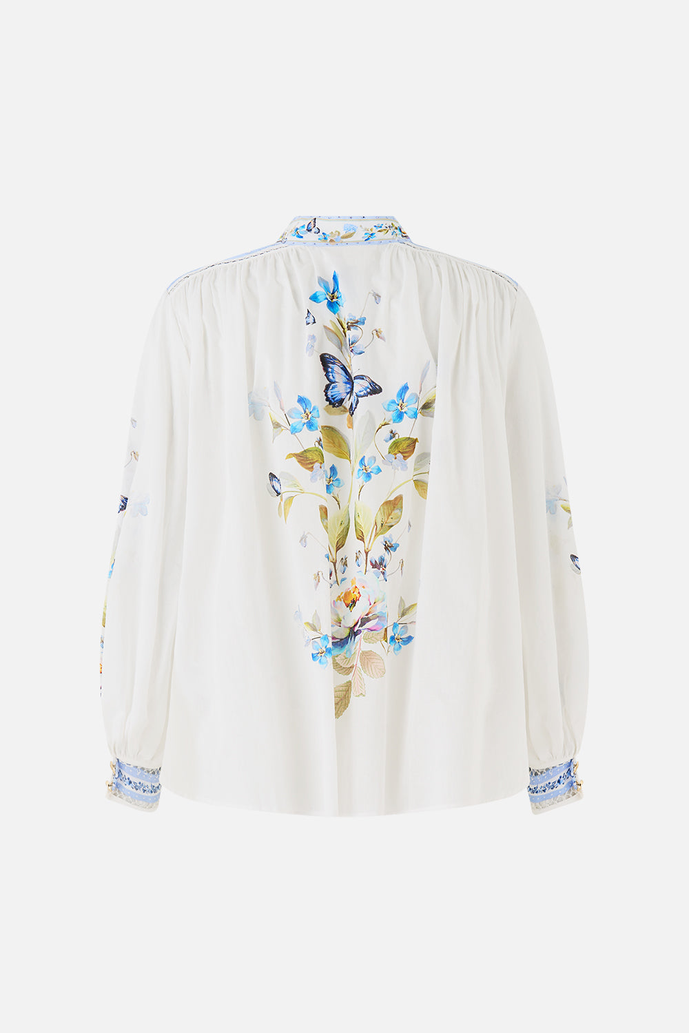 The CAMILLA HIGH NECK BUTTON THROUGH BLOUSE BOTANICAL BALLADS in our  print.