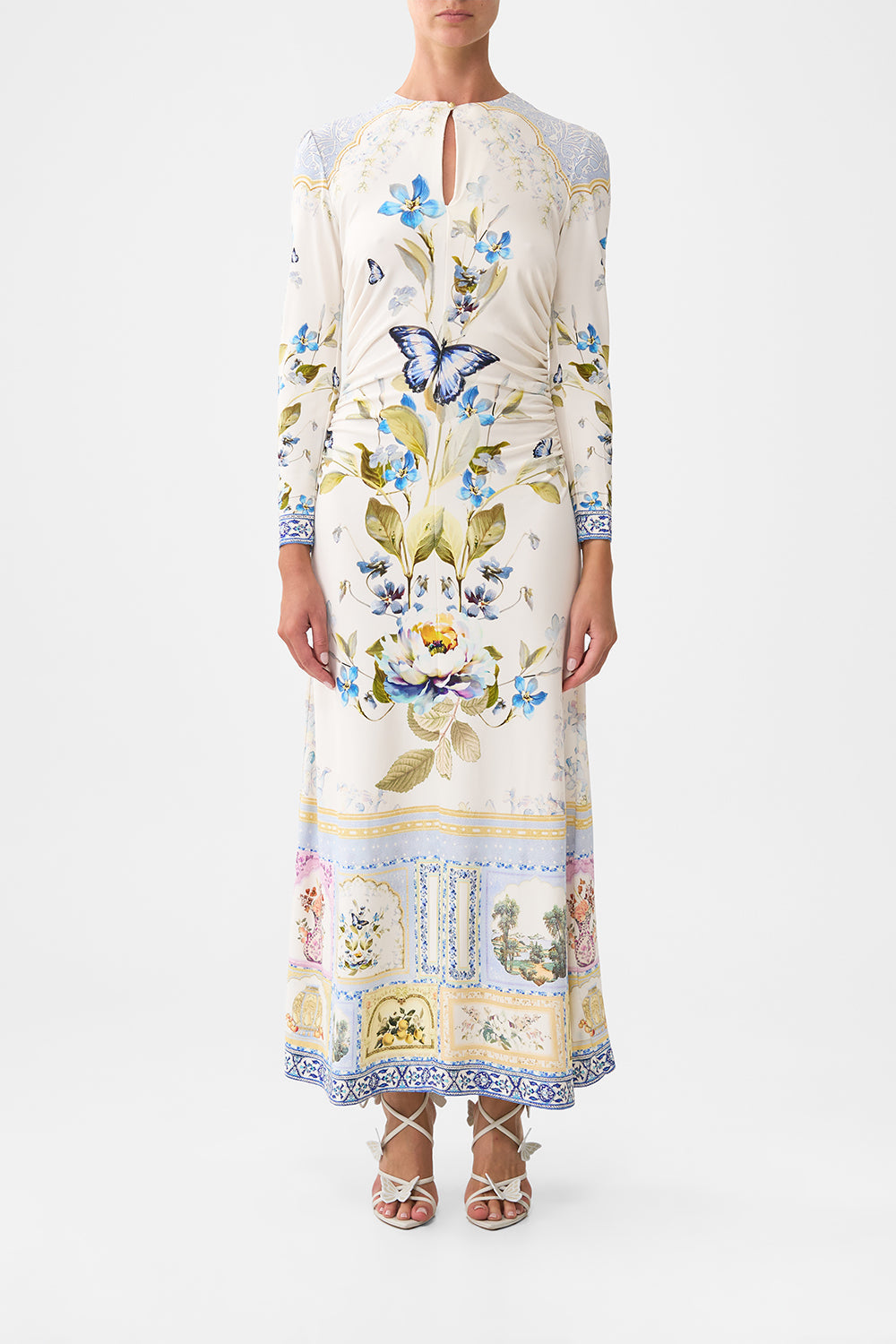 The CAMILLA GATHERED JERSEY LONG DRESS BOTANICAL BALLADS in our BOTANICAL BALLADS print.