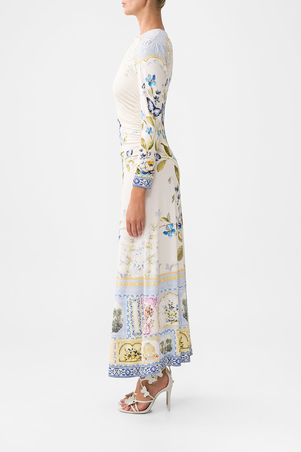 The CAMILLA GATHERED JERSEY LONG DRESS BOTANICAL BALLADS in our  print.