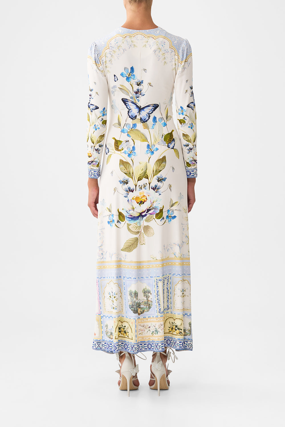 The CAMILLA GATHERED JERSEY LONG DRESS BOTANICAL BALLADS in our  print.