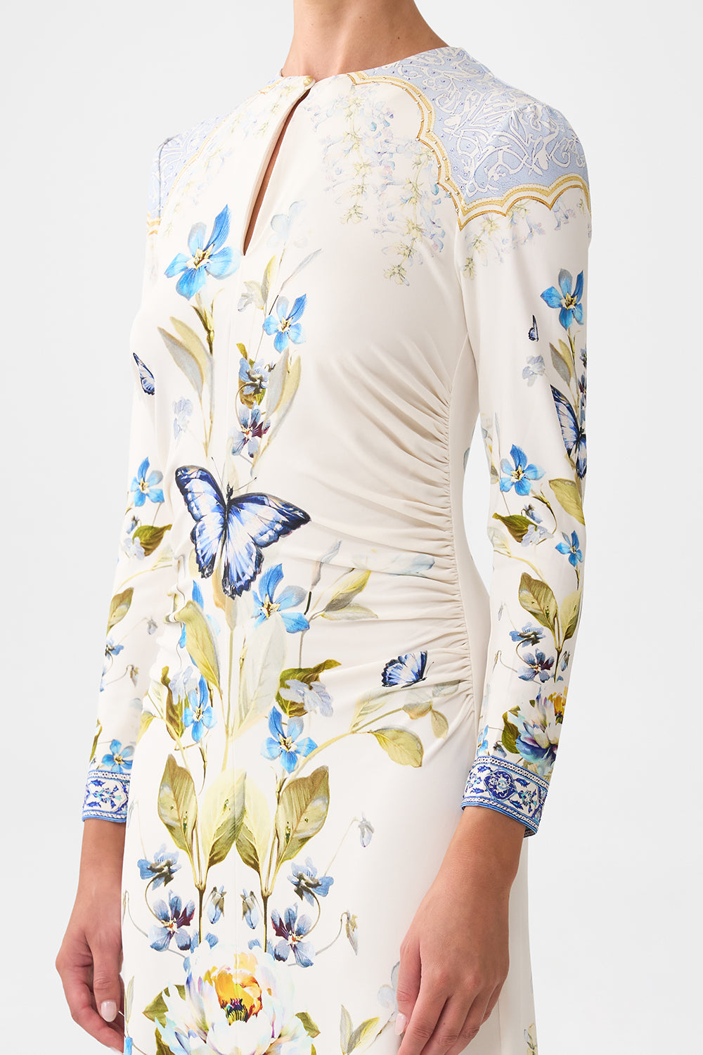 The CAMILLA GATHERED JERSEY LONG DRESS BOTANICAL BALLADS in our  print.