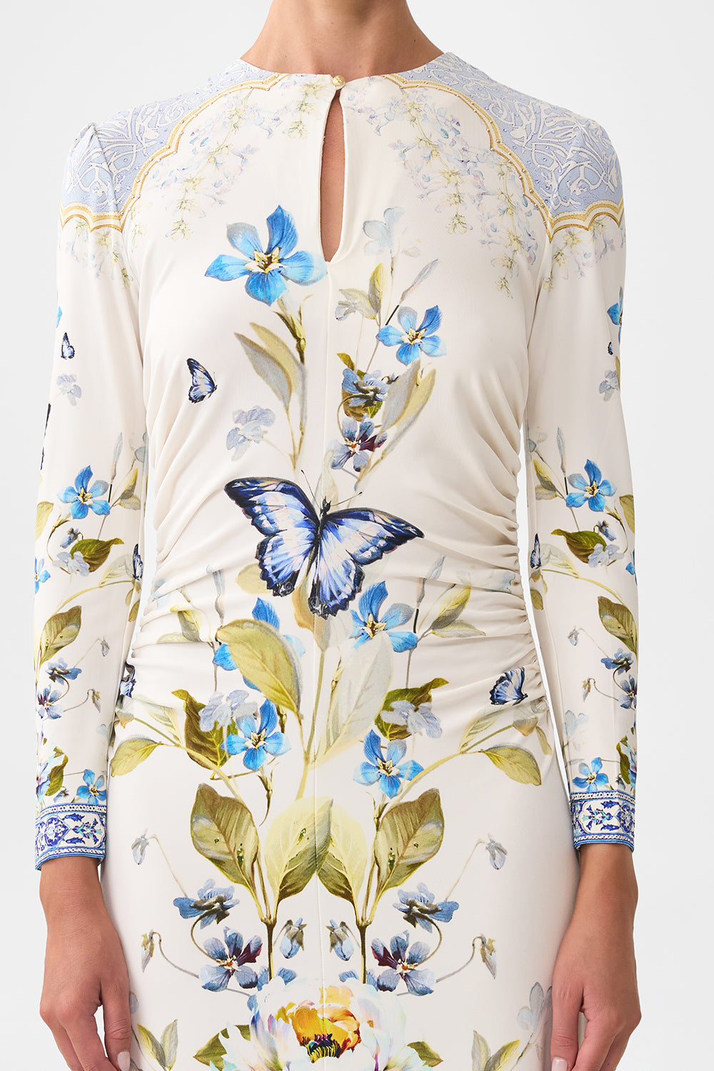 The CAMILLA GATHERED JERSEY LONG DRESS BOTANICAL BALLADS in our  print.