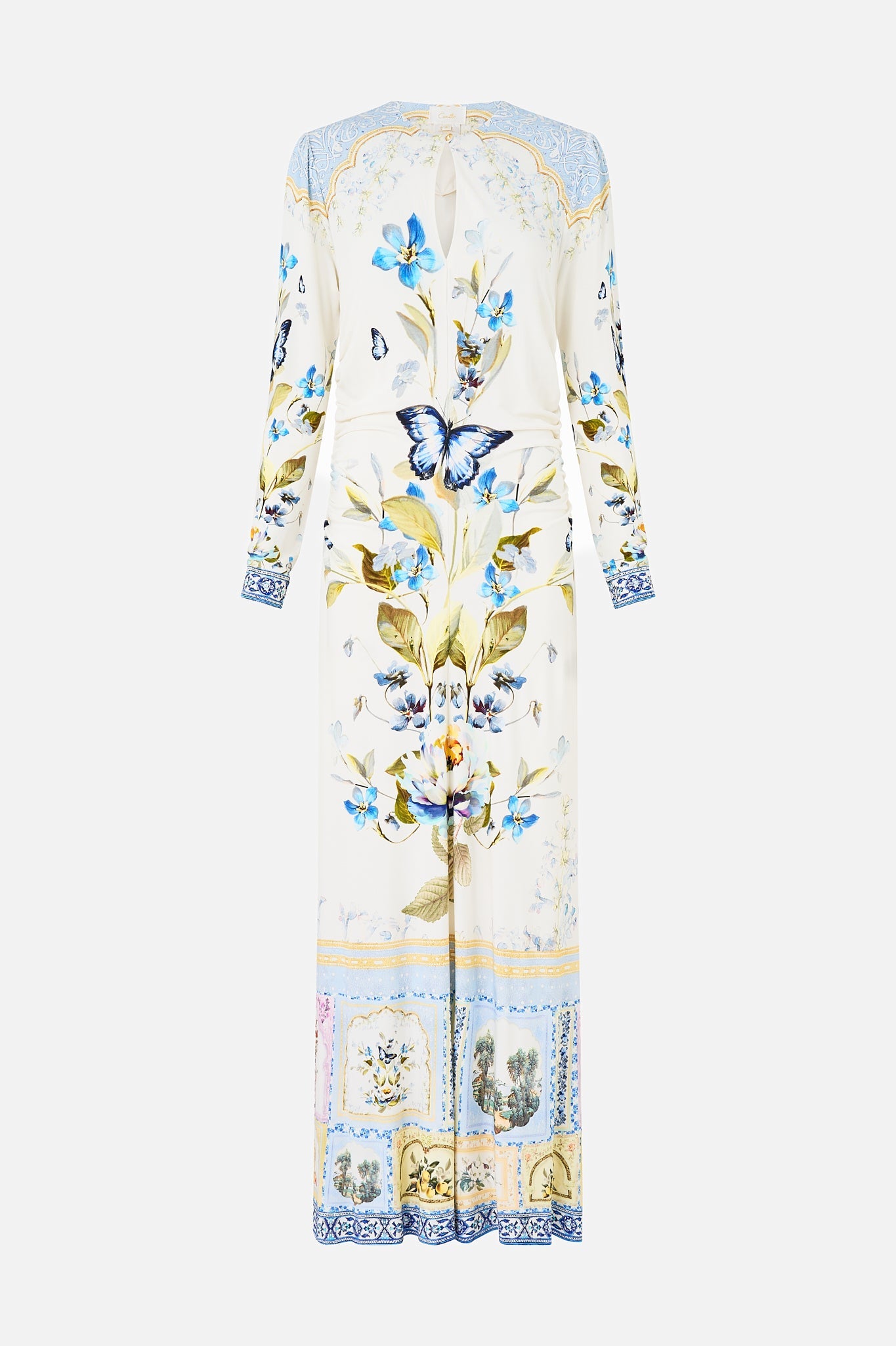 The CAMILLA GATHERED JERSEY LONG DRESS BOTANICAL BALLADS in our  print.