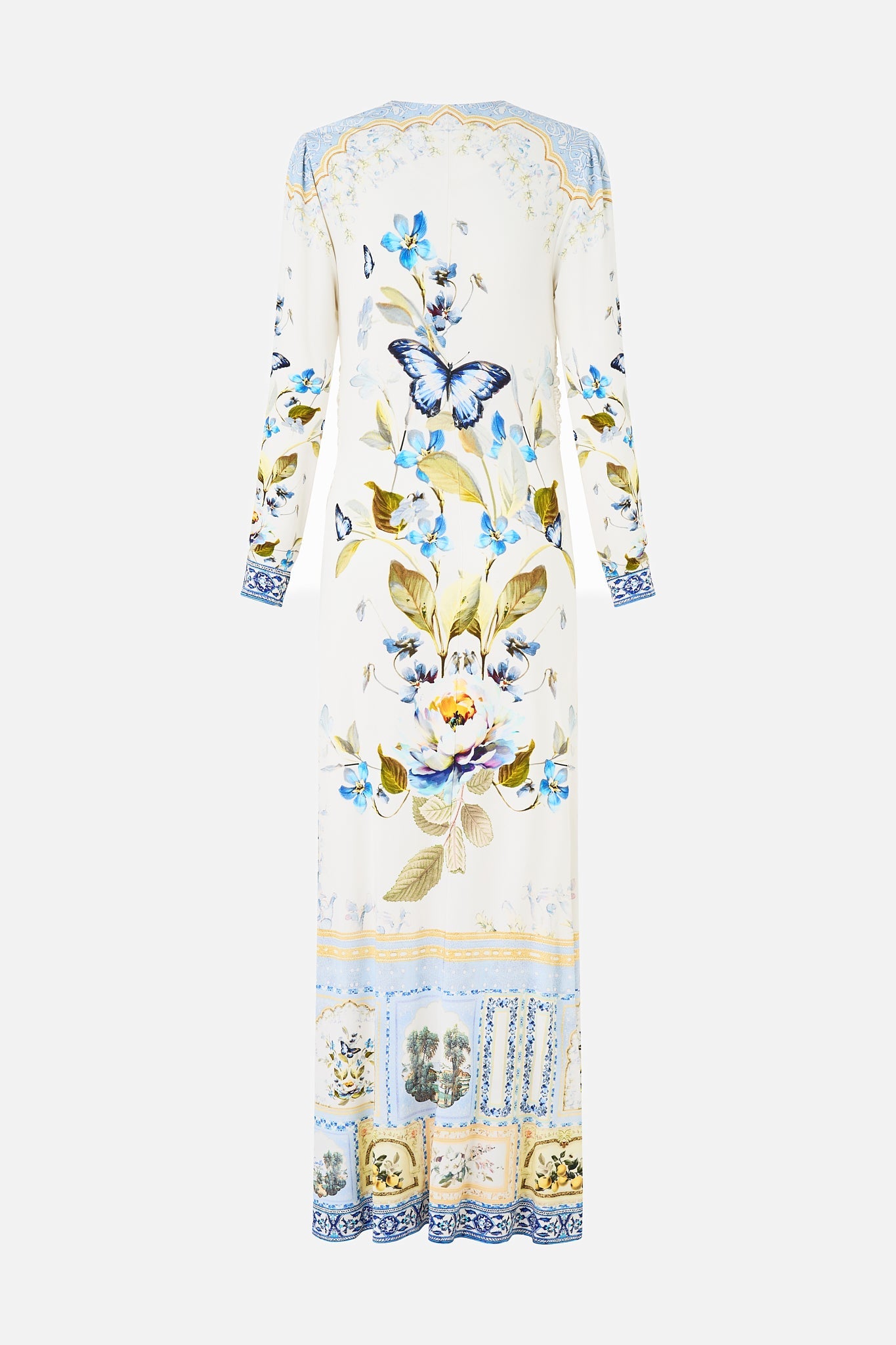 The CAMILLA GATHERED JERSEY LONG DRESS BOTANICAL BALLADS in our  print.
