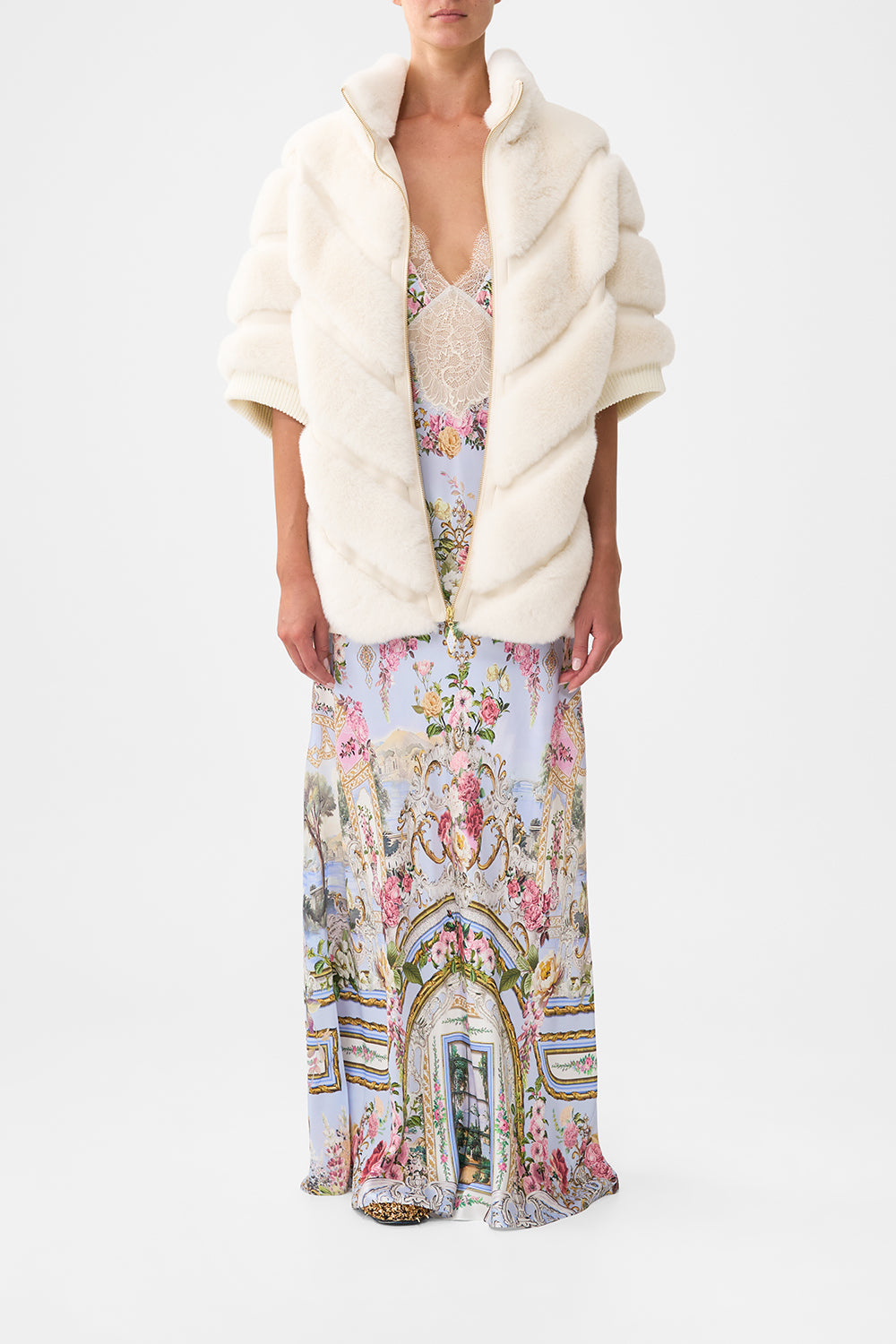 The CAMILLA FAUX FUR SHORT SLEEVE SLOUCH JACKET TILED IN TIME in our TILED IN TIME print.