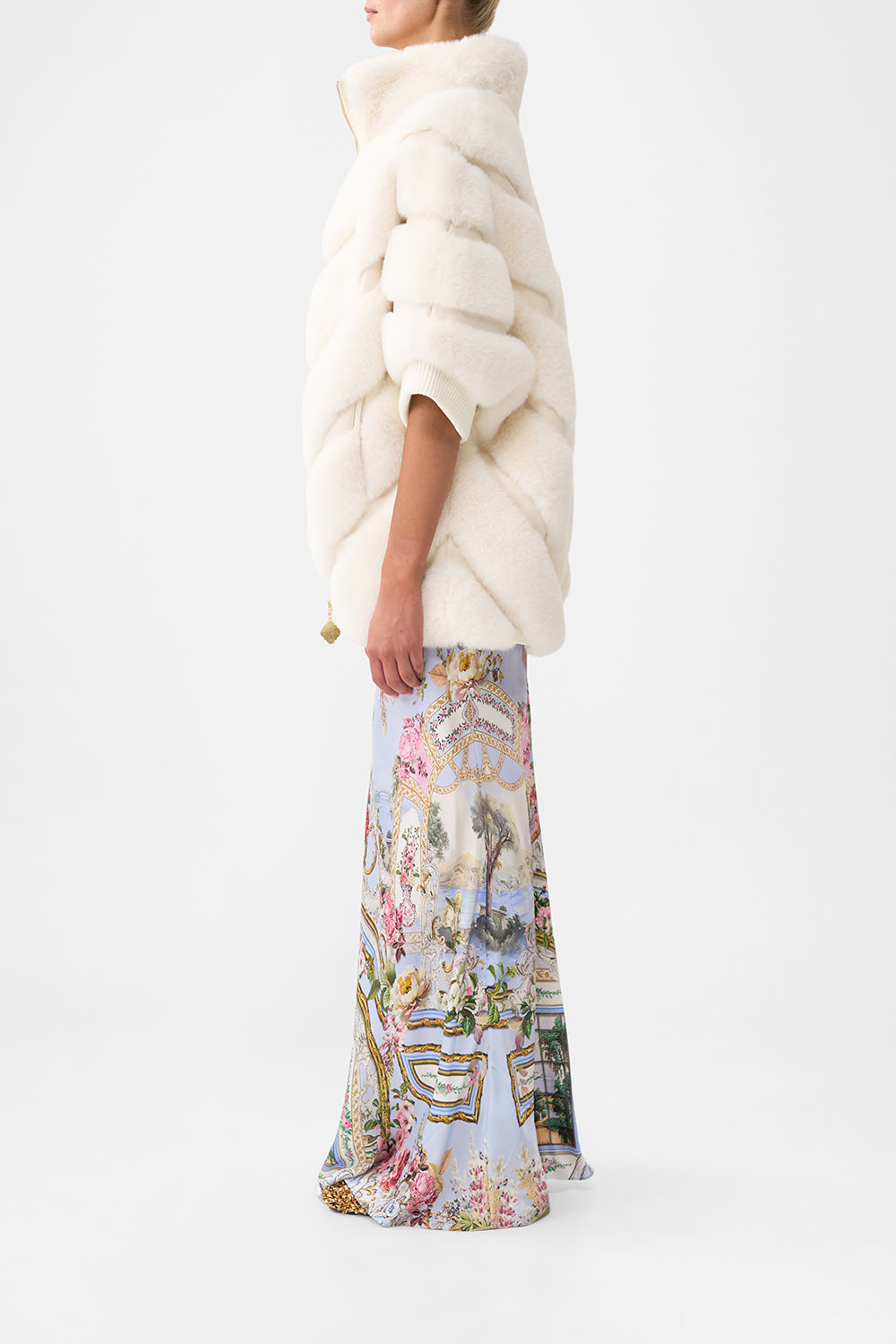The CAMILLA FAUX FUR SHORT SLEEVE SLOUCH JACKET TILED IN TIME in our  print.