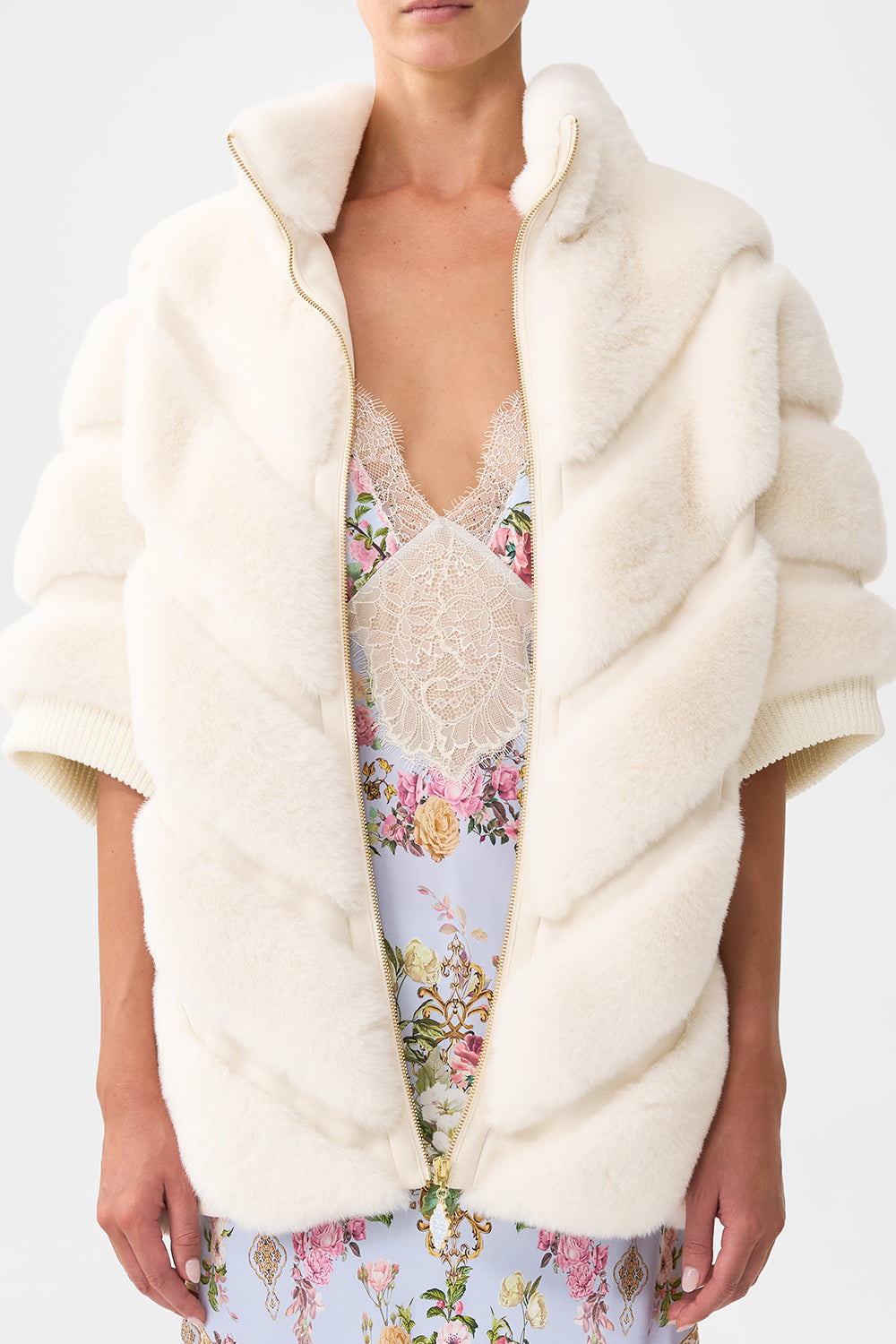 The CAMILLA FAUX FUR SHORT SLEEVE SLOUCH JACKET TILED IN TIME in our  print.